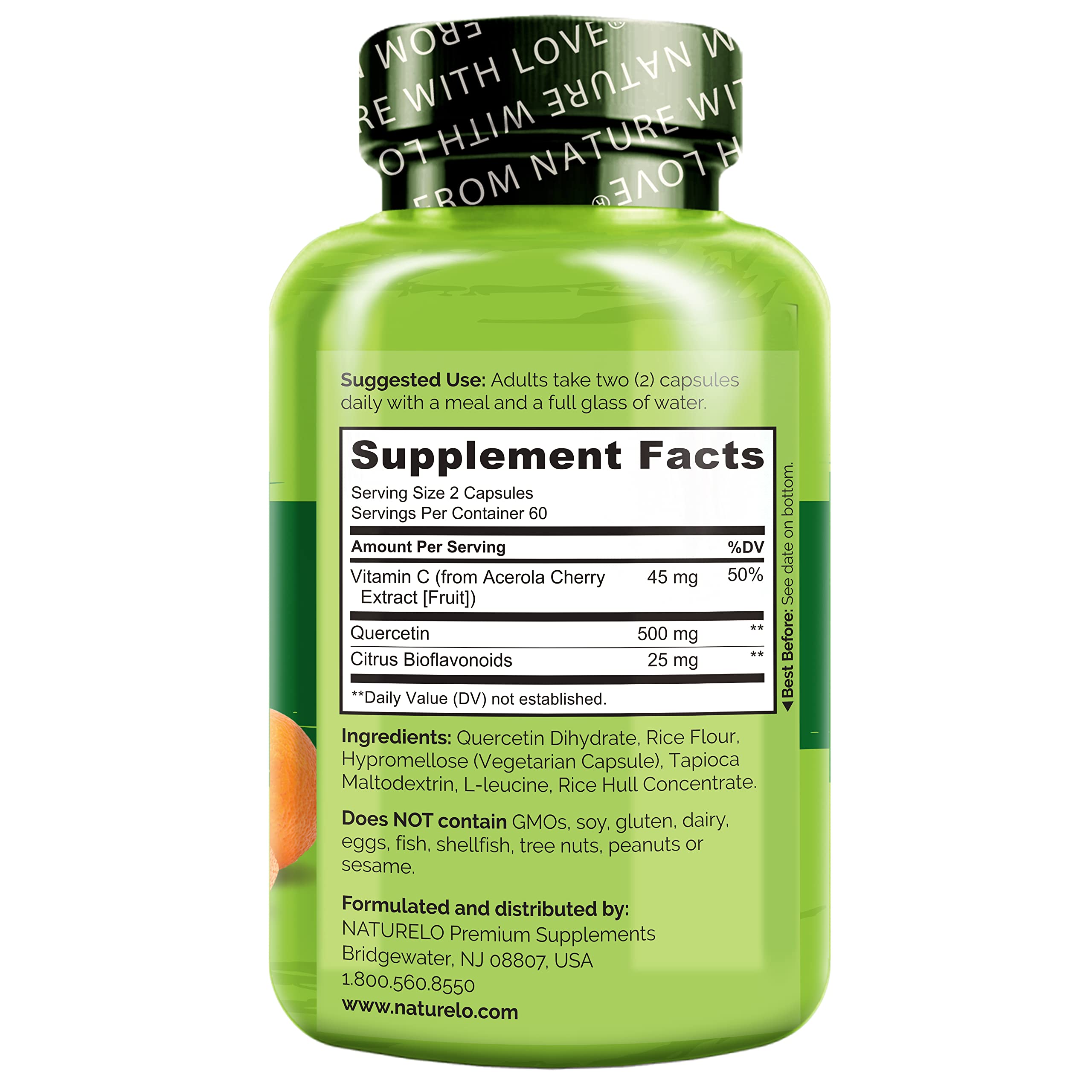 NATURELO Quercetin with Vitamin C & Bioflavonoids back view