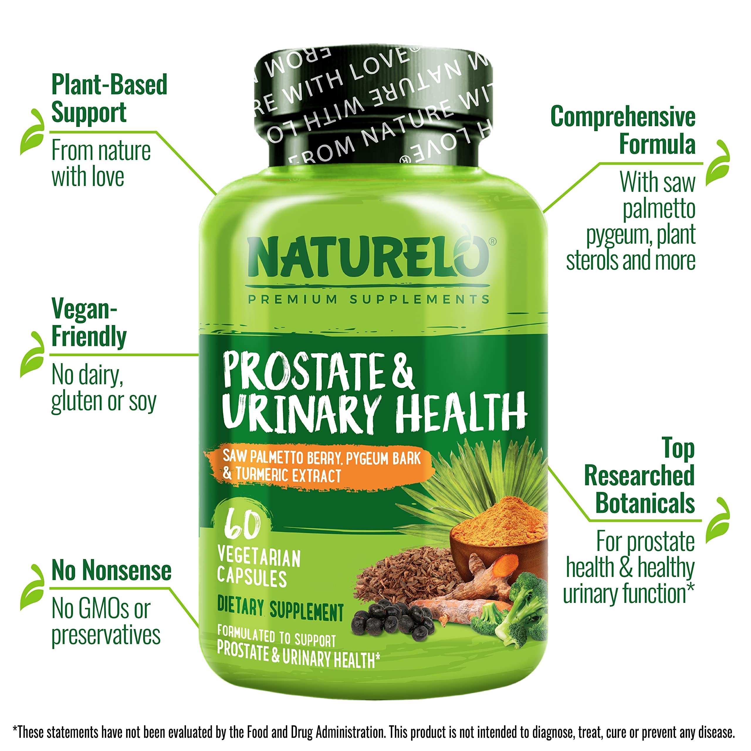 NATURELO Saw Palmetto Supplement capsules on a wooden table