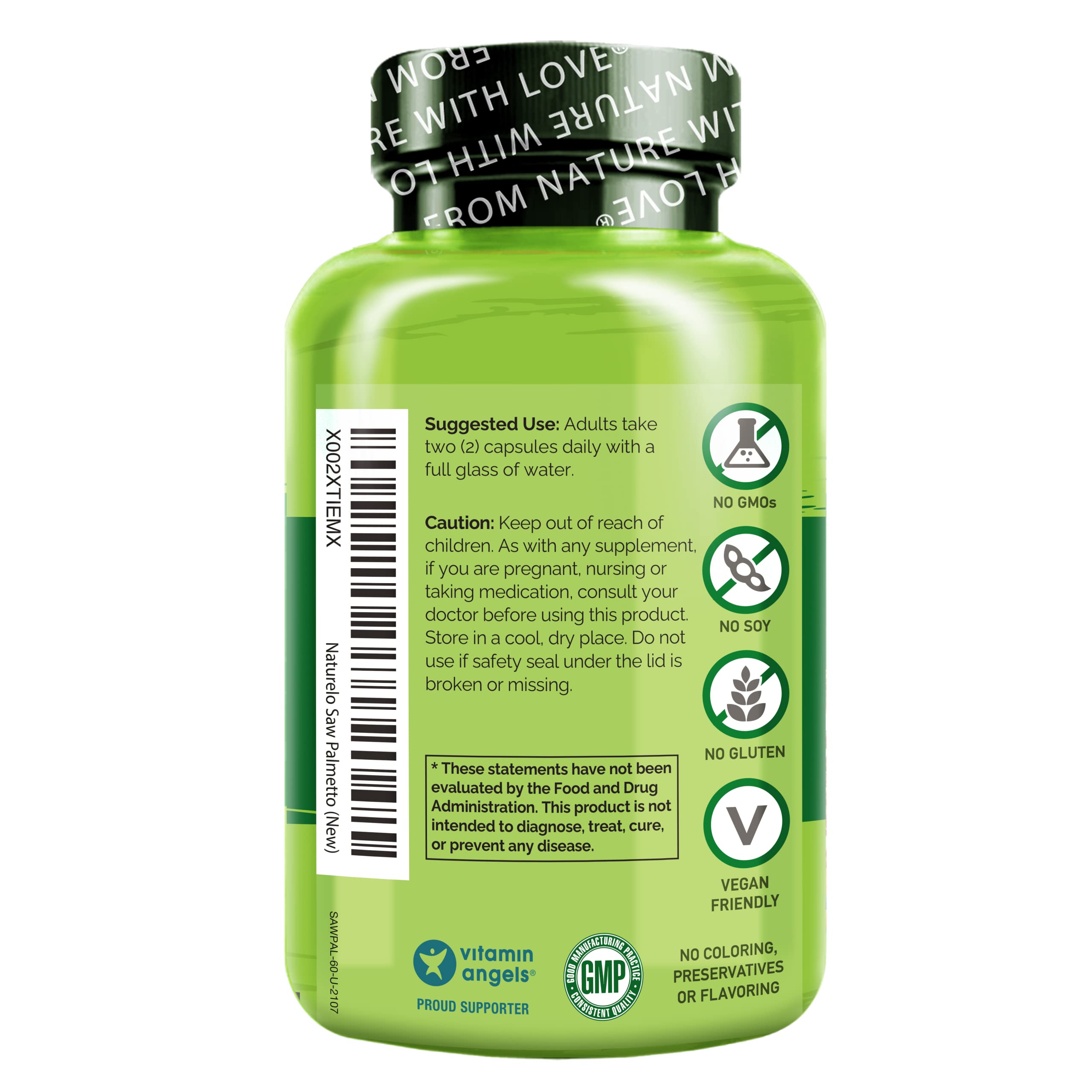 NATURELO Saw Palmetto Supplement side view with label