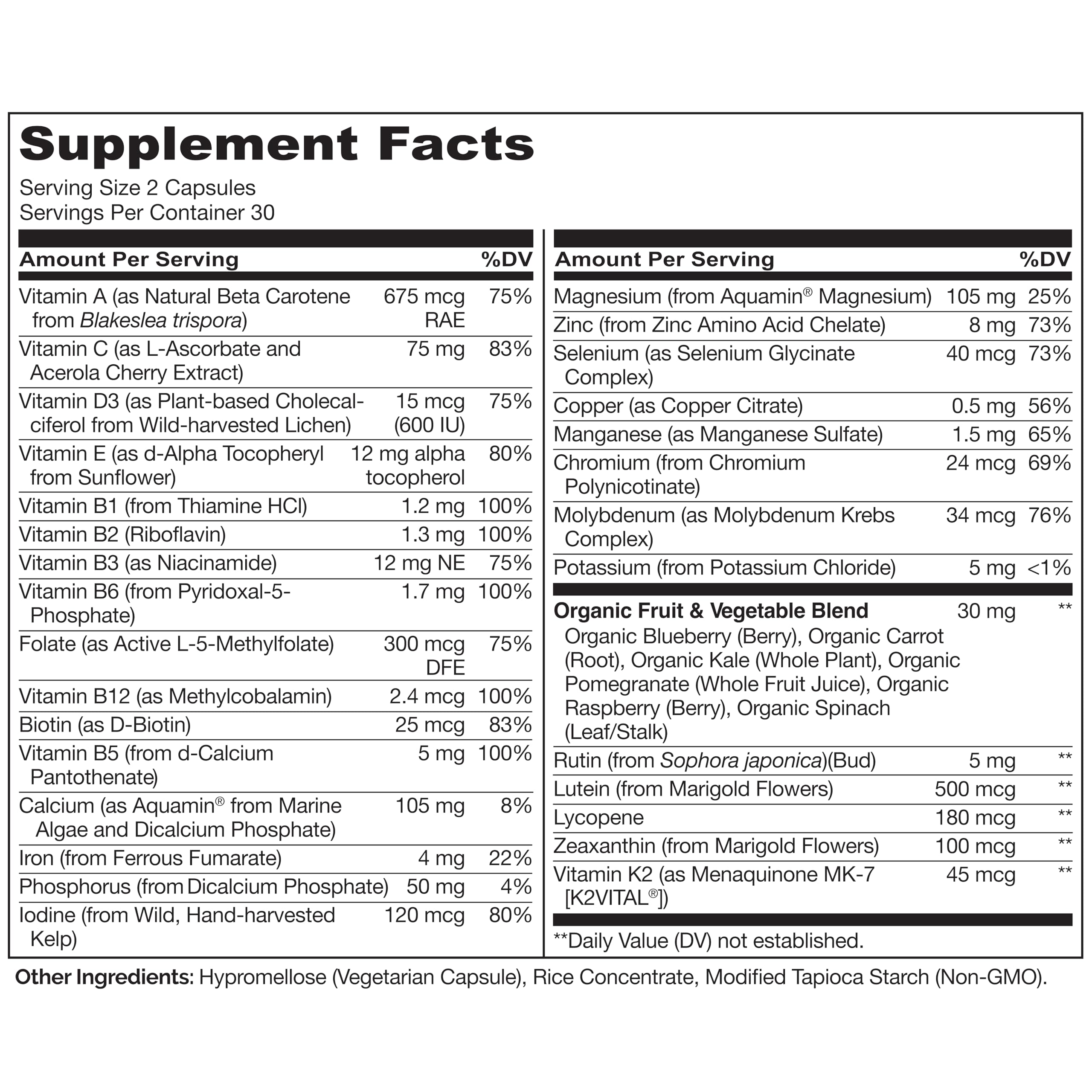 NATURELO Teen Multivitamin back view with ingredient list