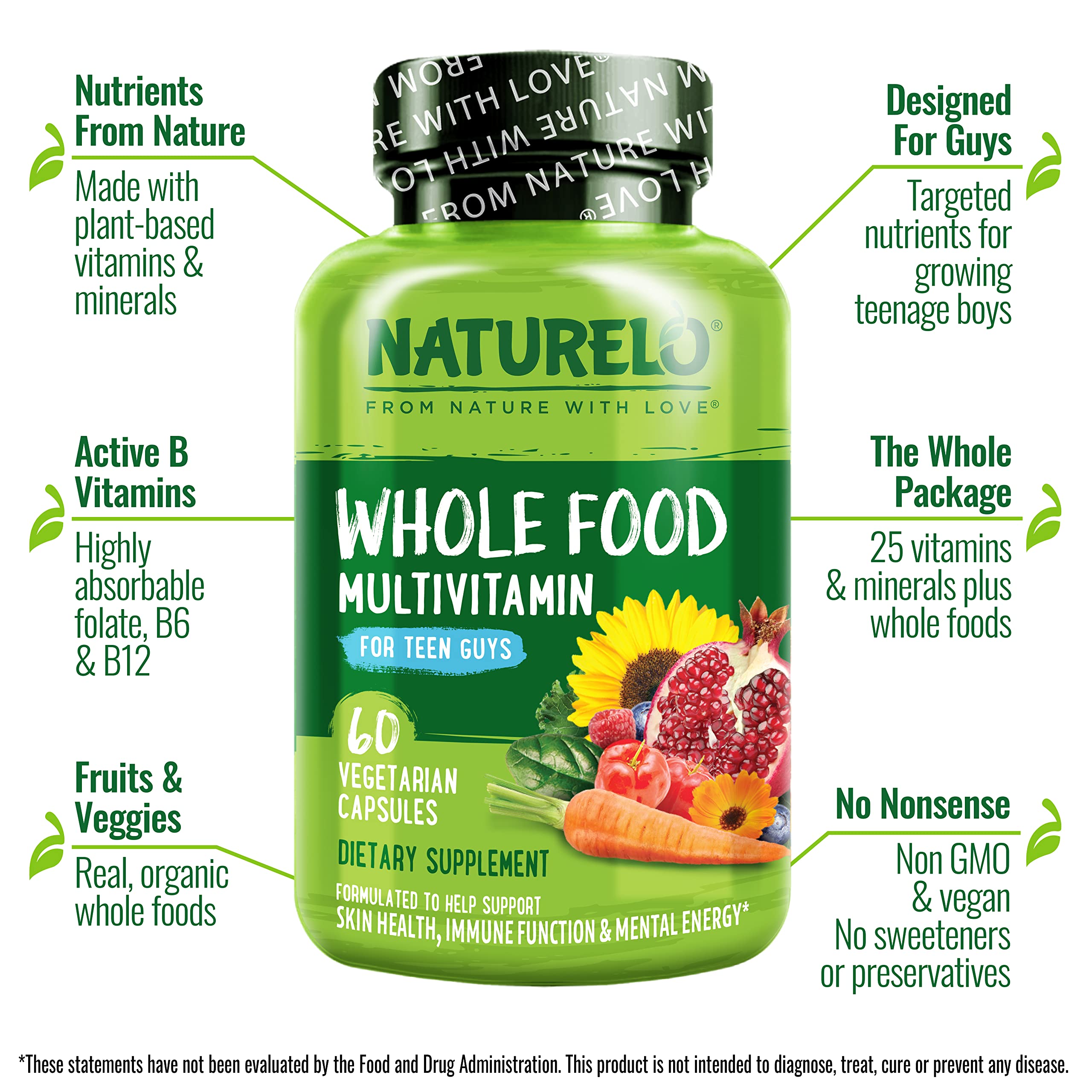 NATURELO Teen Multivitamin for Boys 12-18 back view with ingredient list