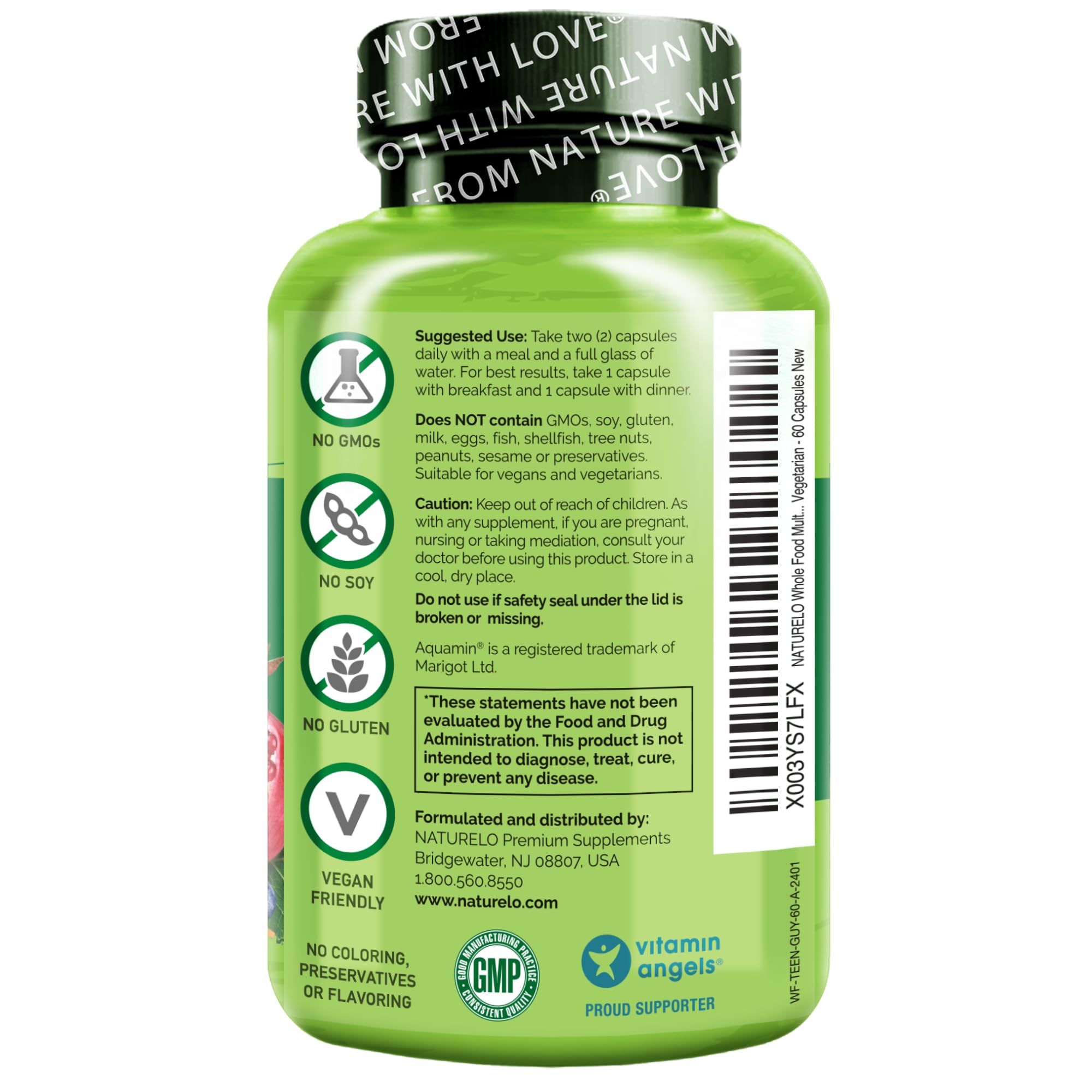 NATURELO Teen Multivitamin for Boys 12-18 displayed with a glass of water