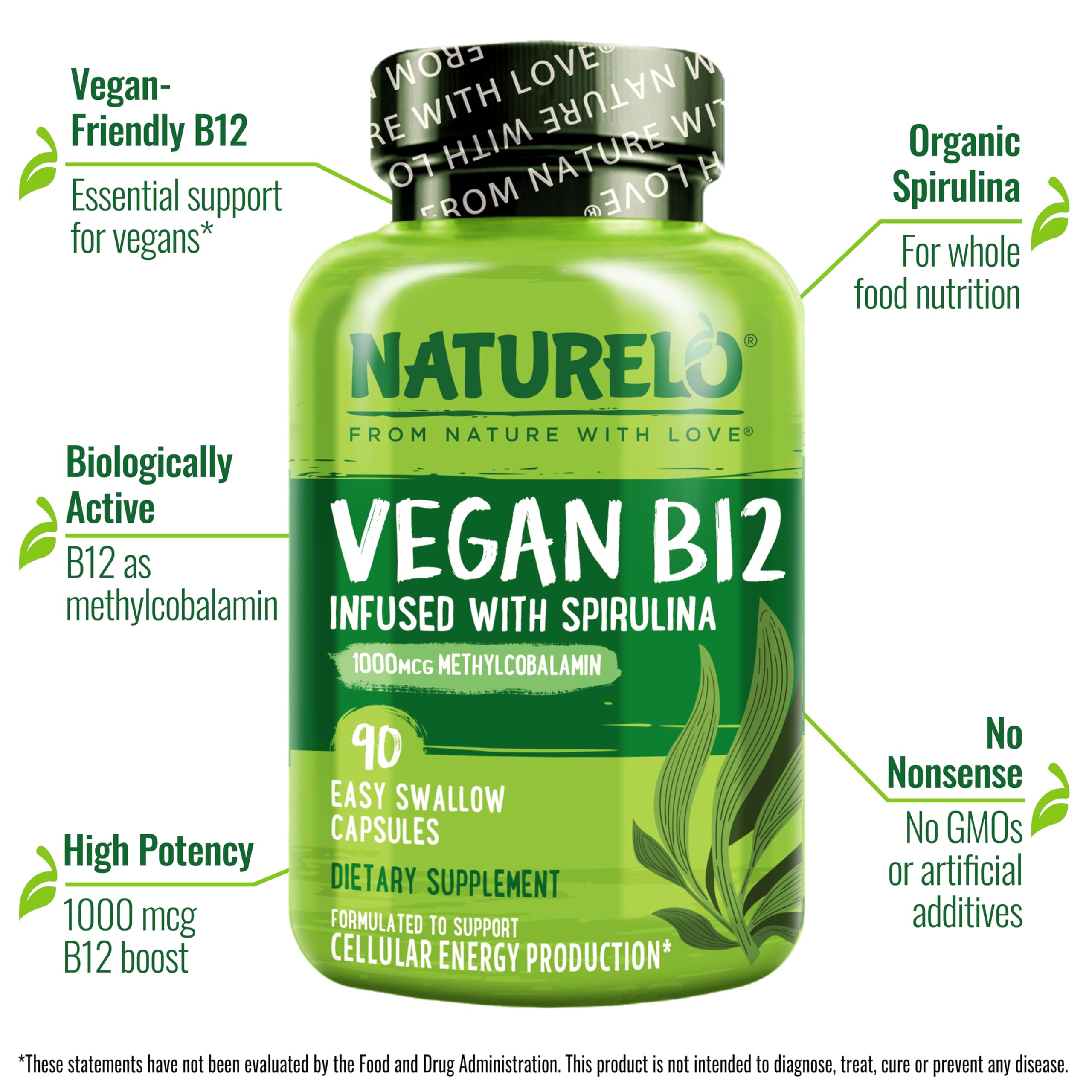 NATURELO Vegan B12 Supplement bottle with label