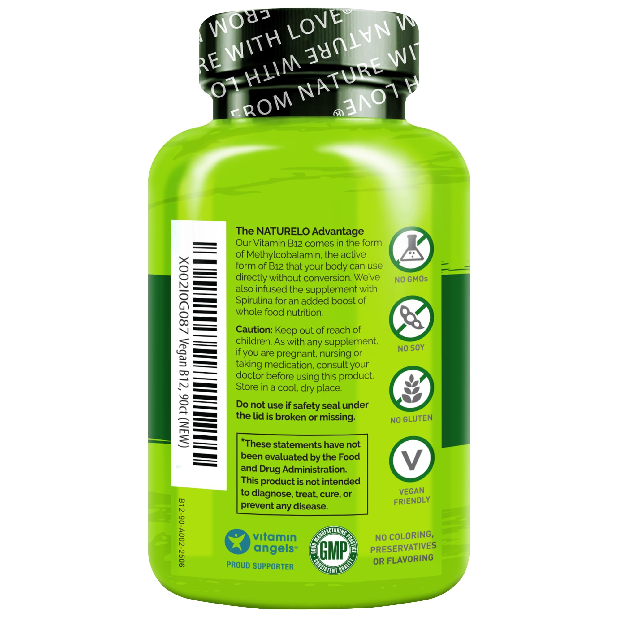 NATURELO Vegan B12 Supplement with a measuring spoon