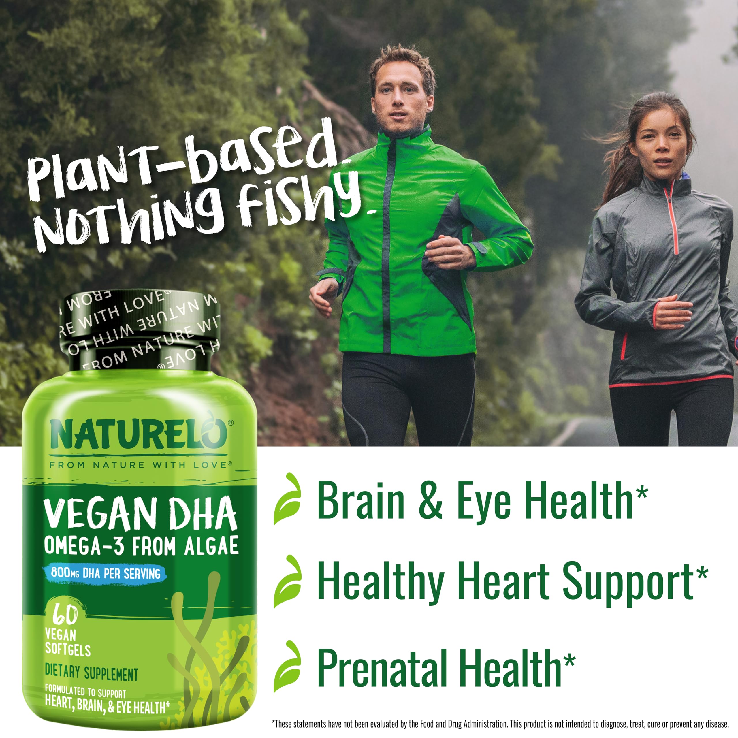NATURELO Vegan DHA Supplement 110g displayed with a glass of water