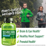 NATURELO Vegan DHA Supplement 110g displayed with a glass of water
