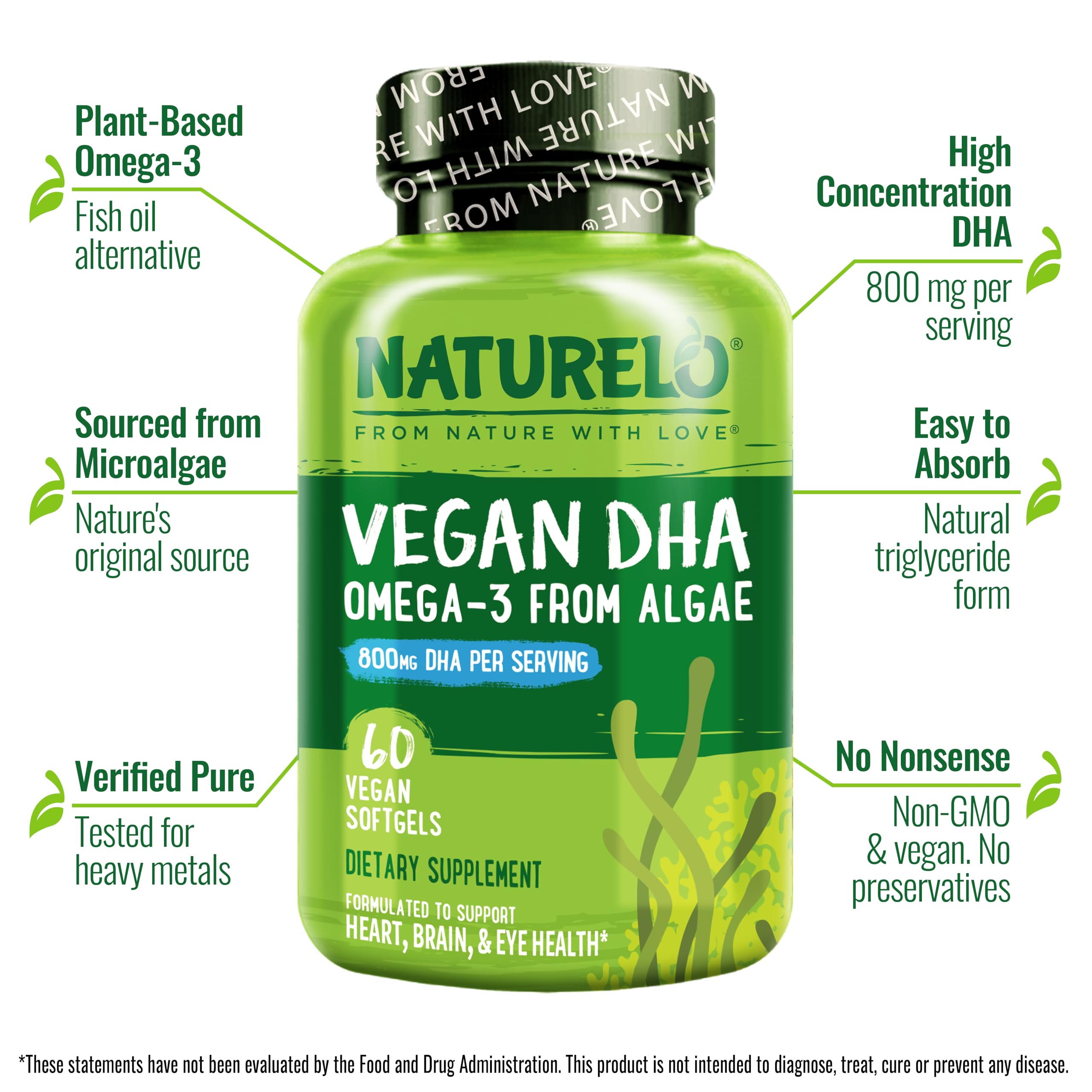 NATURELO Vegan DHA Supplement 110g ingredients list on label