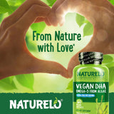 NATURELO Vegan DHA Supplement 110g showing dosage instructions