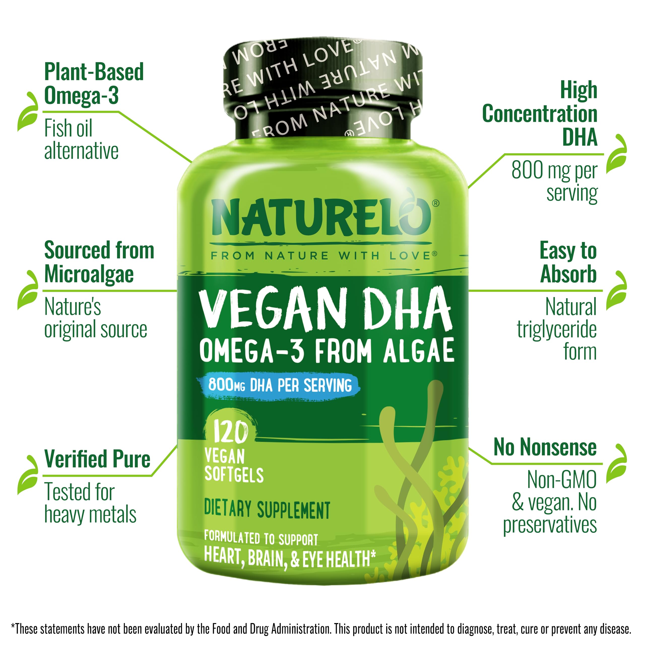 NATURELO Vegan DHA Supplement bottle side view