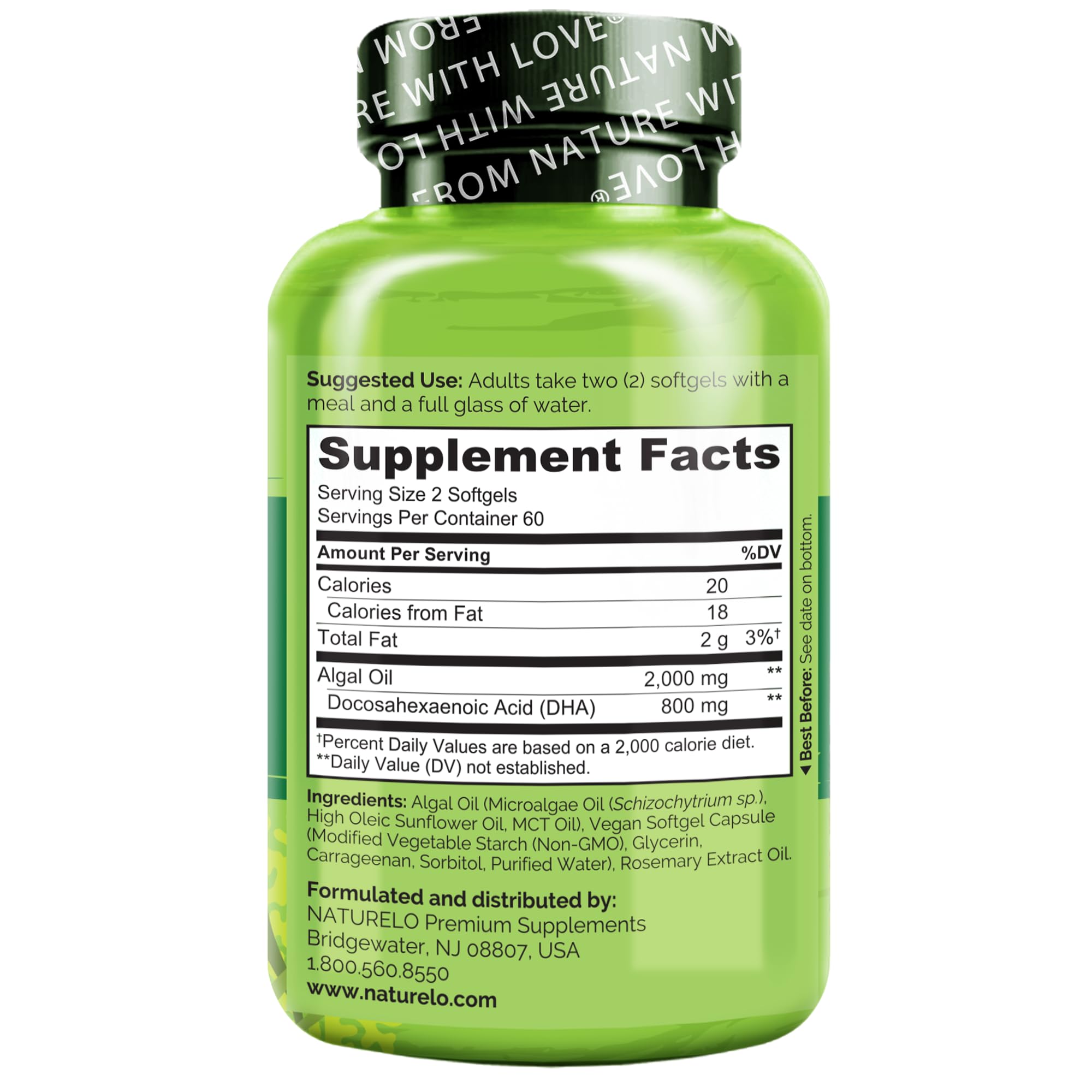 NATURELO Vegan DHA Supplement bottle with a measuring spoon