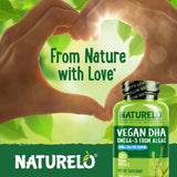NATURELO Vegan DHA Supplement softgels on a table