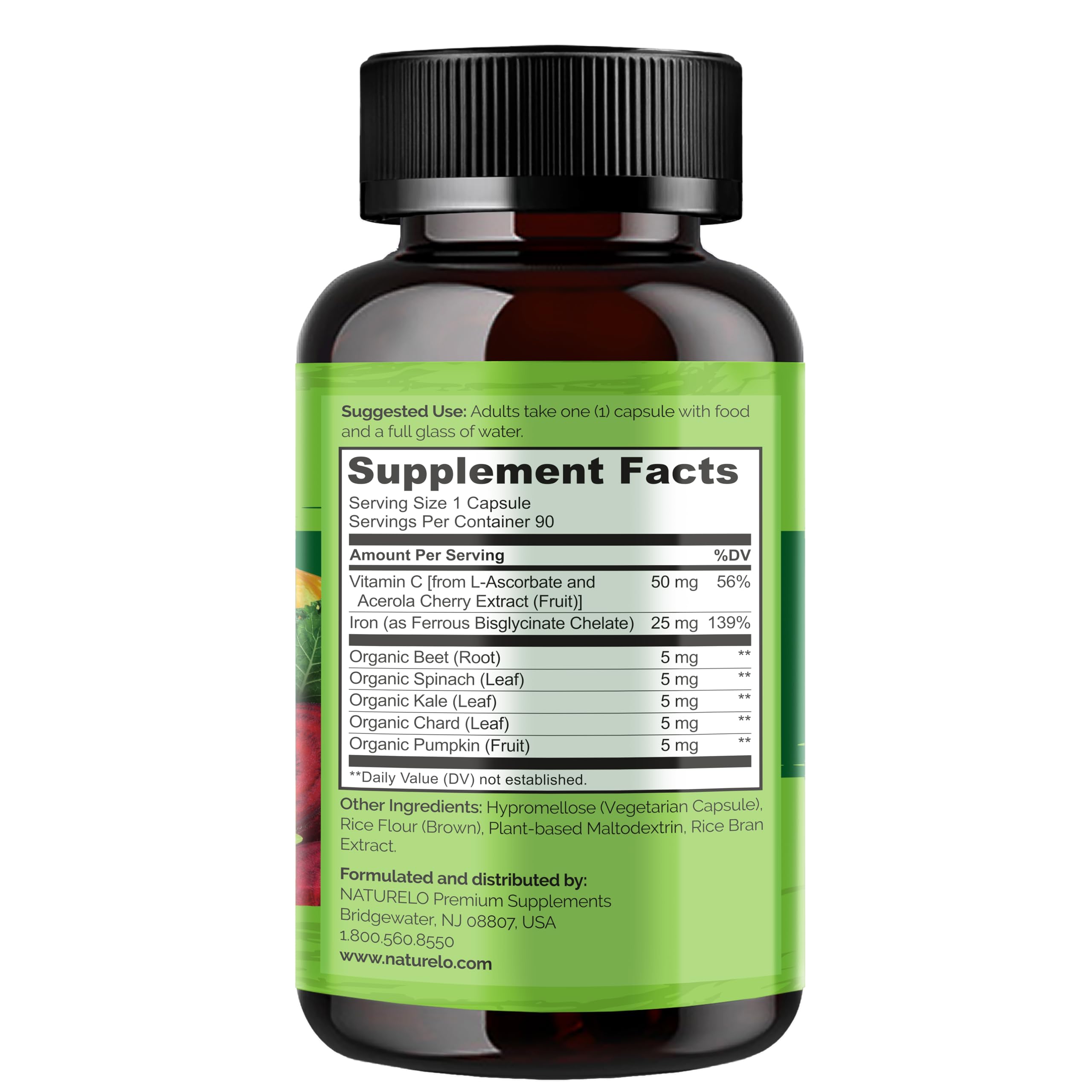 NATURELO Vegan Iron Supplement 25mg displayed with a measuring spoon