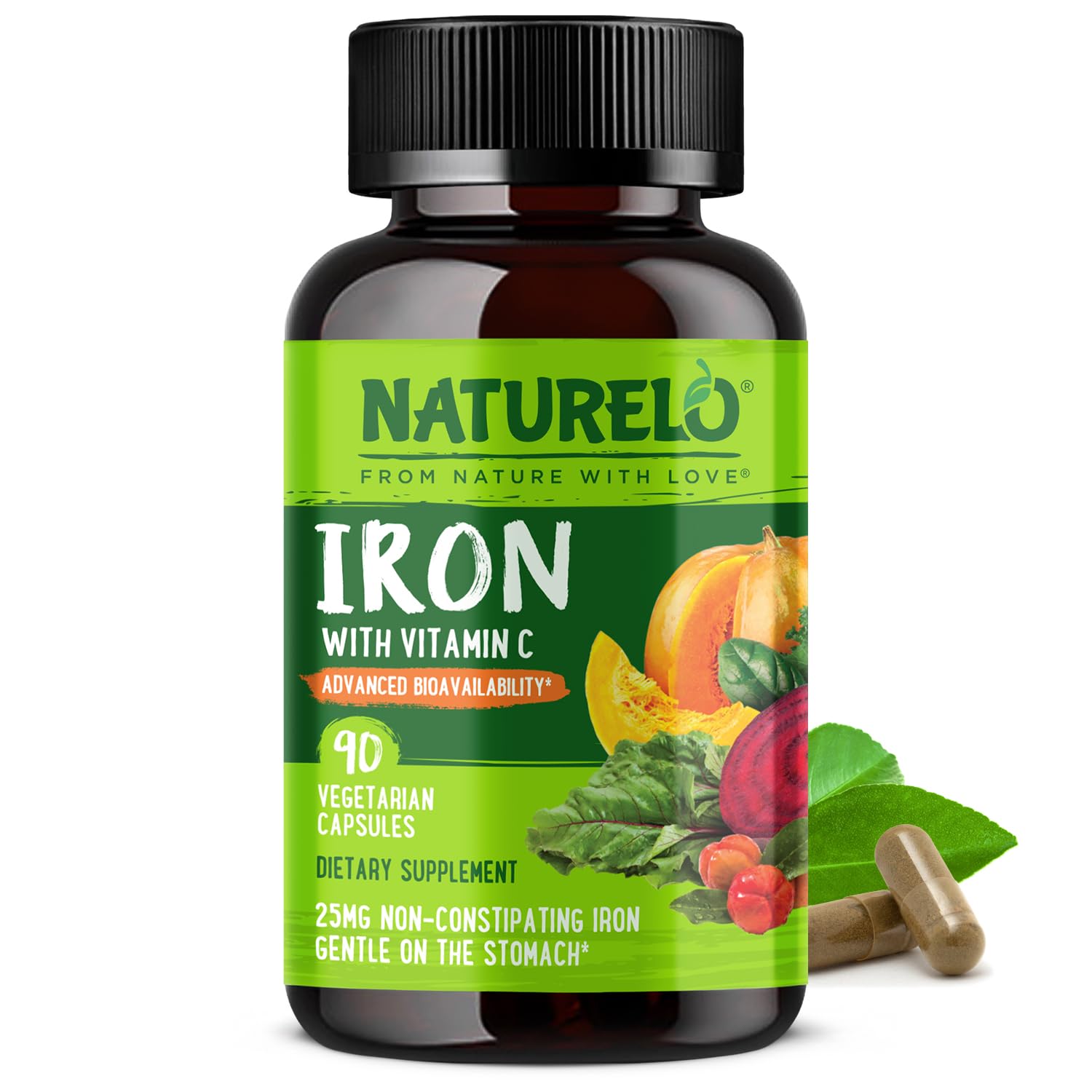 NATURELO Vegan Iron Supplement 25mg front view