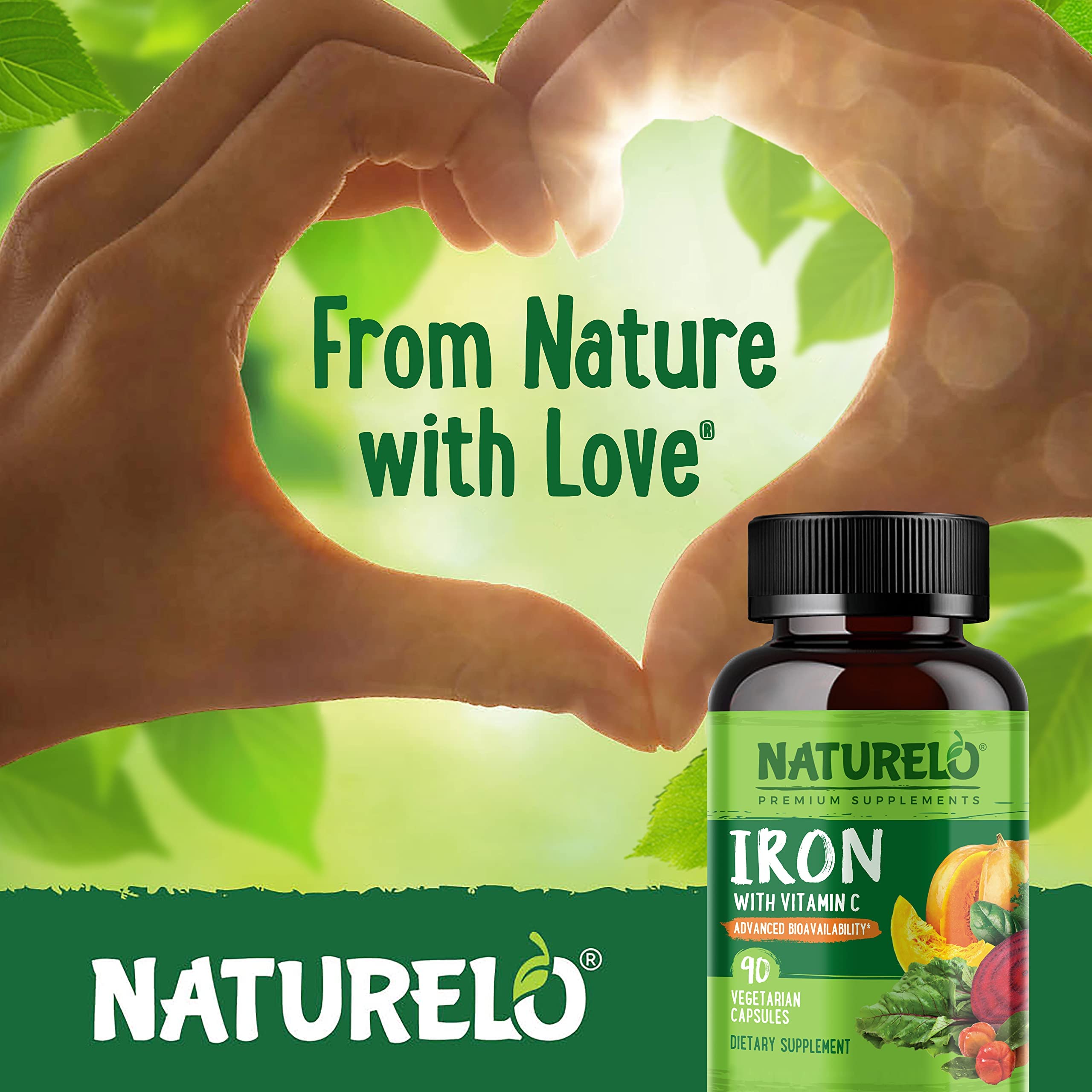 NATURELO Vegan Iron Supplement 25mg in a natural setting