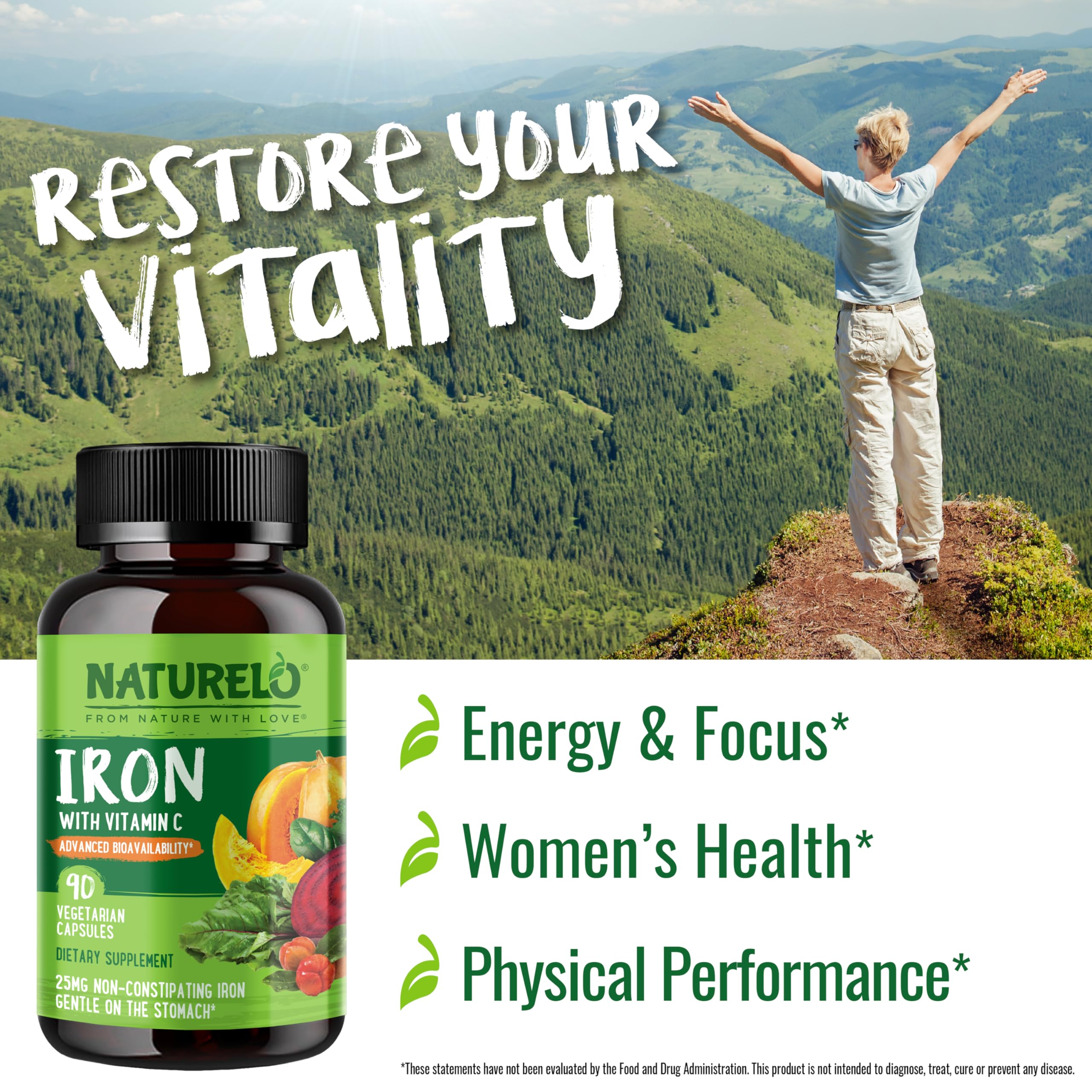 NATURELO Vegan Iron Supplement 25mg packaging on a wooden table