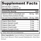 NATURELO Vegan Iron Supplement 25mg side view showing capsule