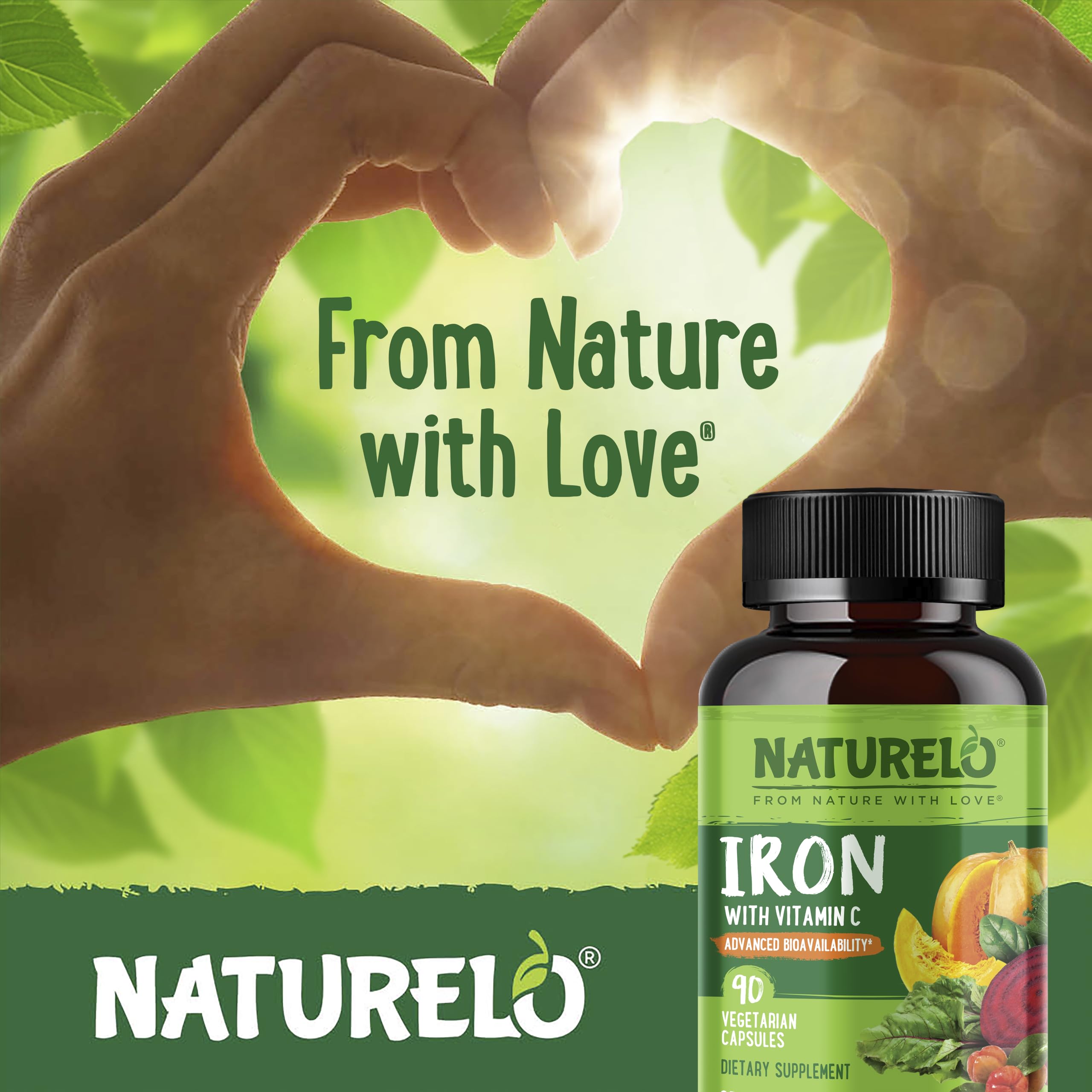 NATURELO Vegan Iron Supplement 25mg with organic vegetables