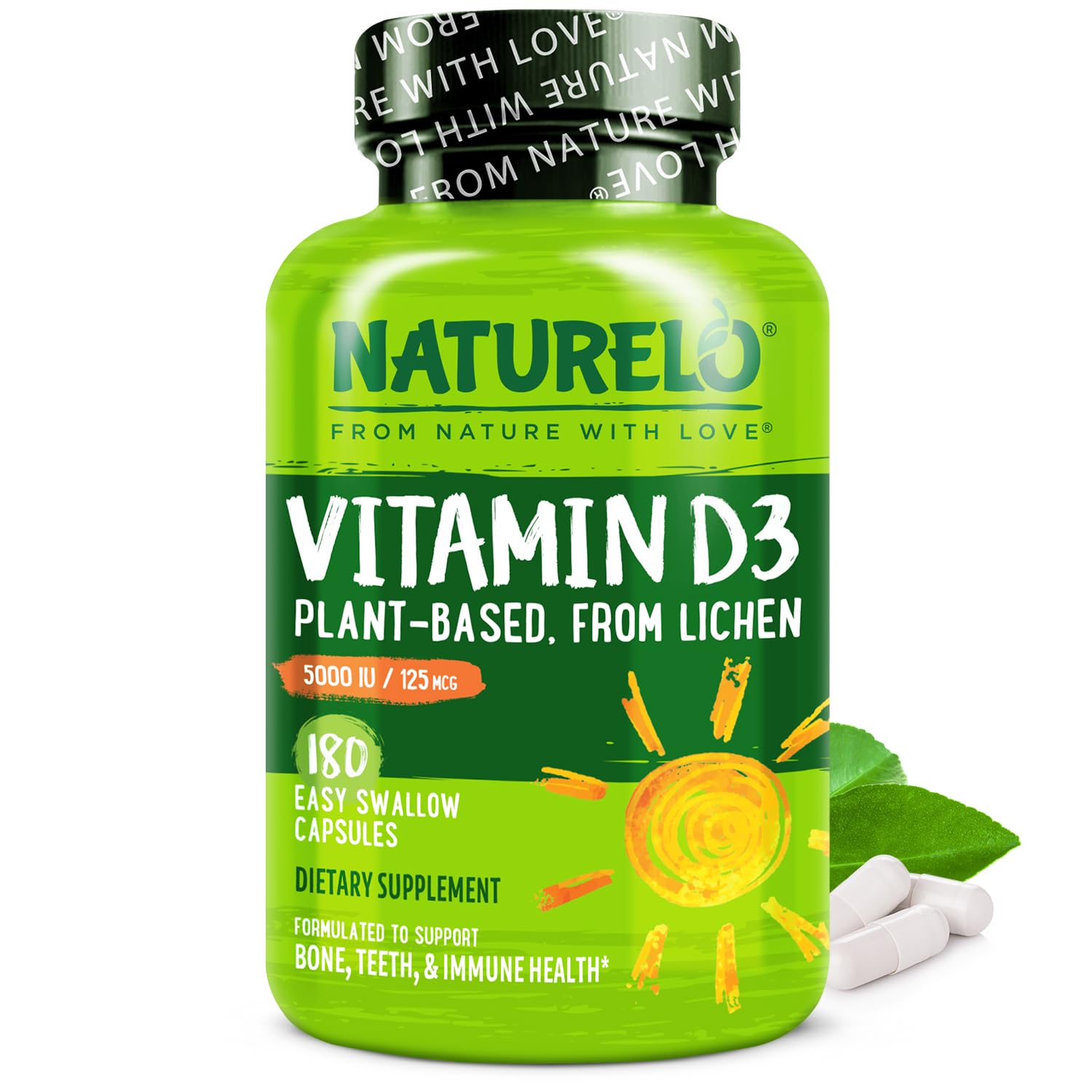 NATURELO Vegan Vitamin D3 5000 IU supplement bottle front view