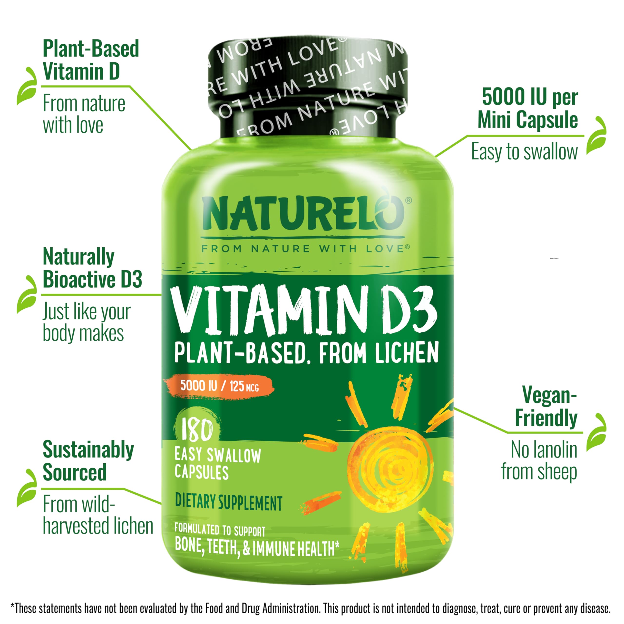 NATURELO Vegan Vitamin D3 5000 IU supplement capsules close-up