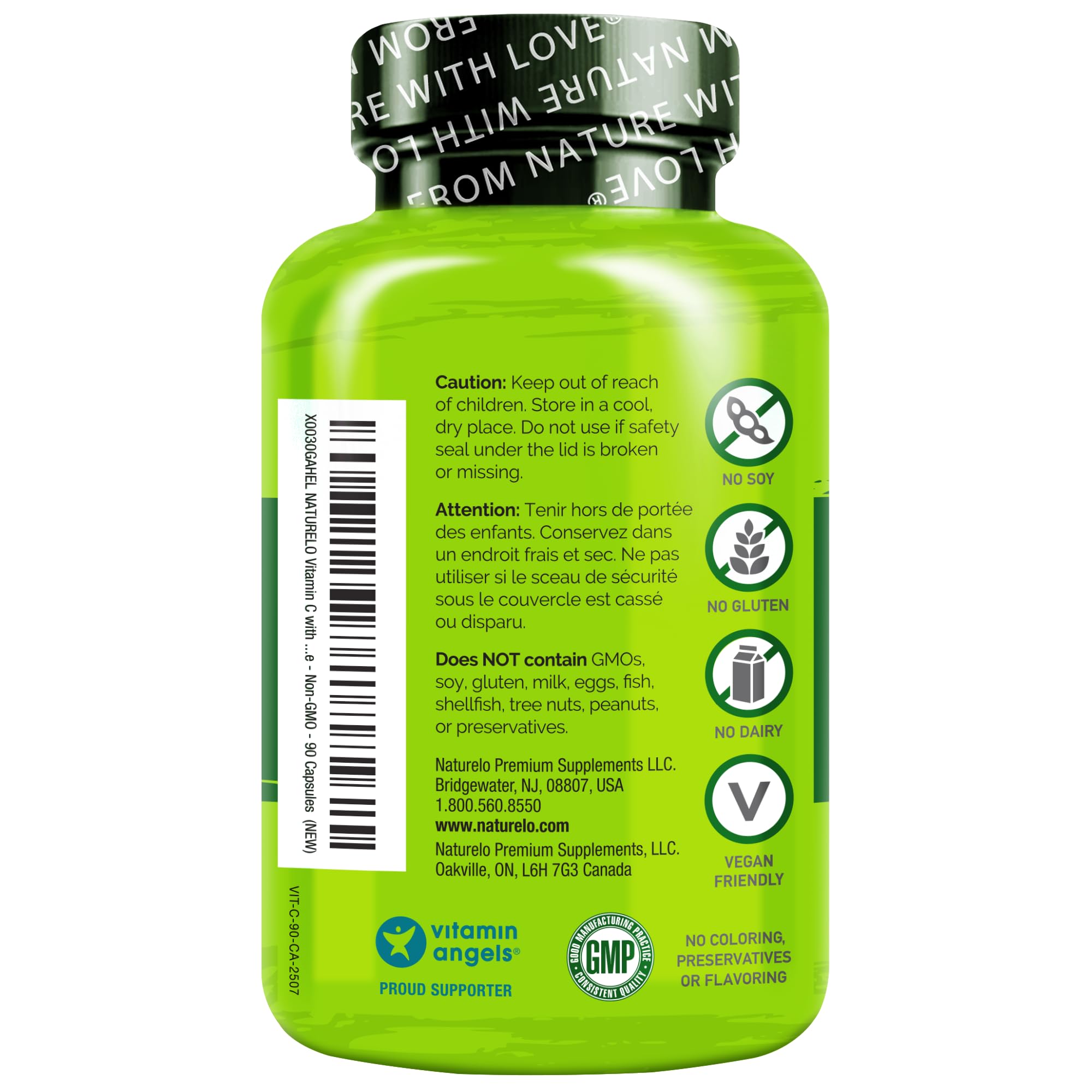NATURELO Vitamin C Supplement 108g with a glass of water