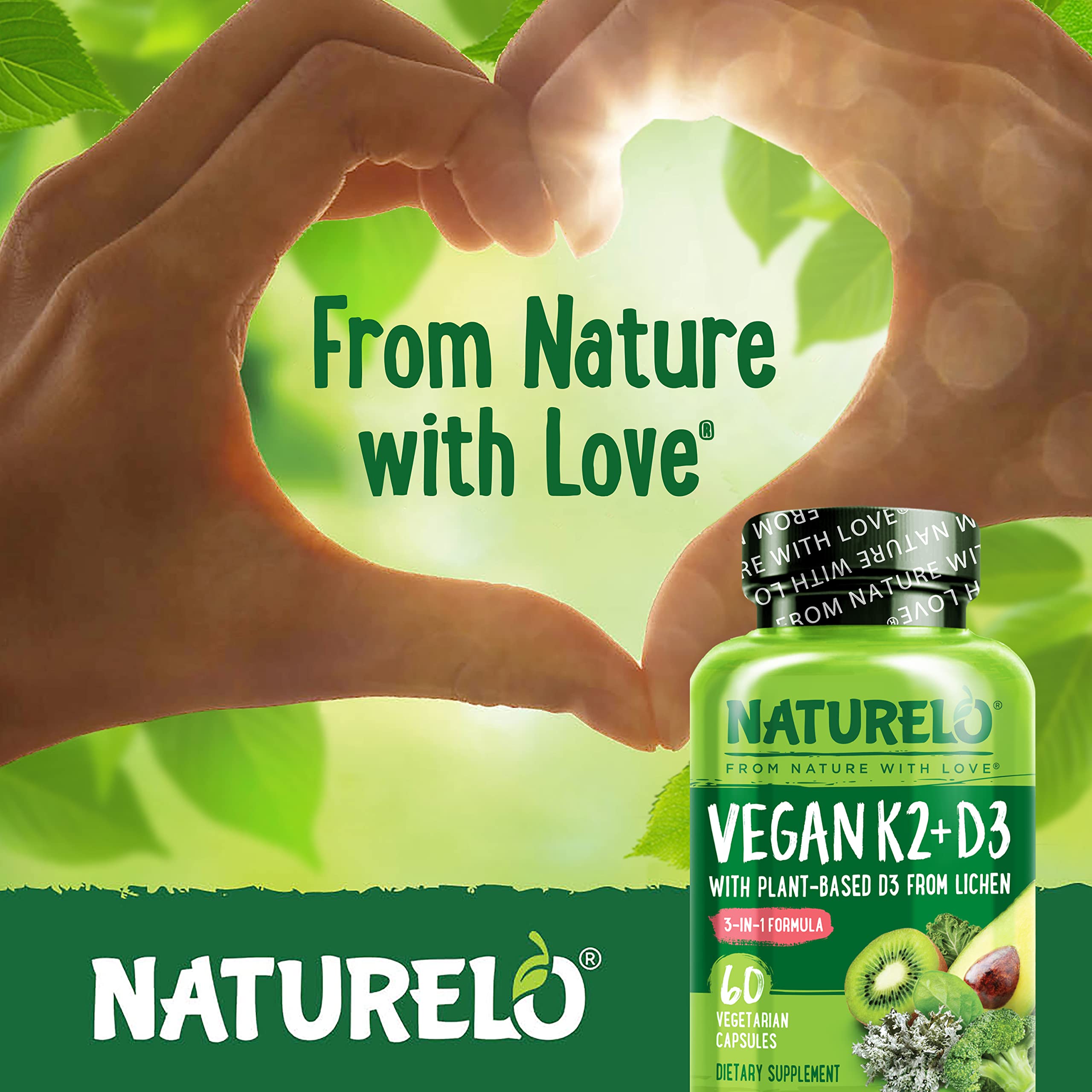 NATURELO Vitamin D3 & K2 capsules in a natural setting