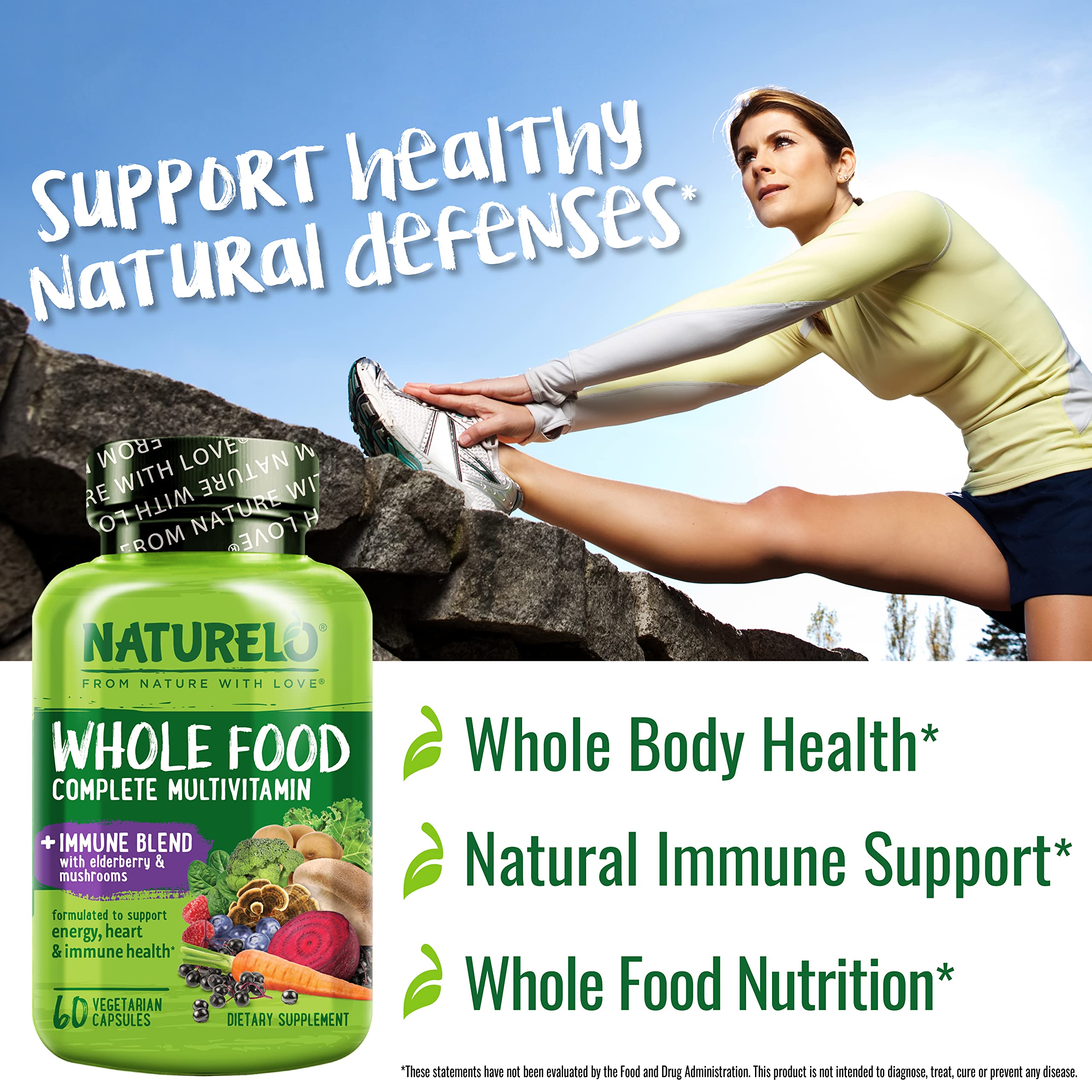 NATURELO Whole Food Multivitamin capsules on a wooden surface