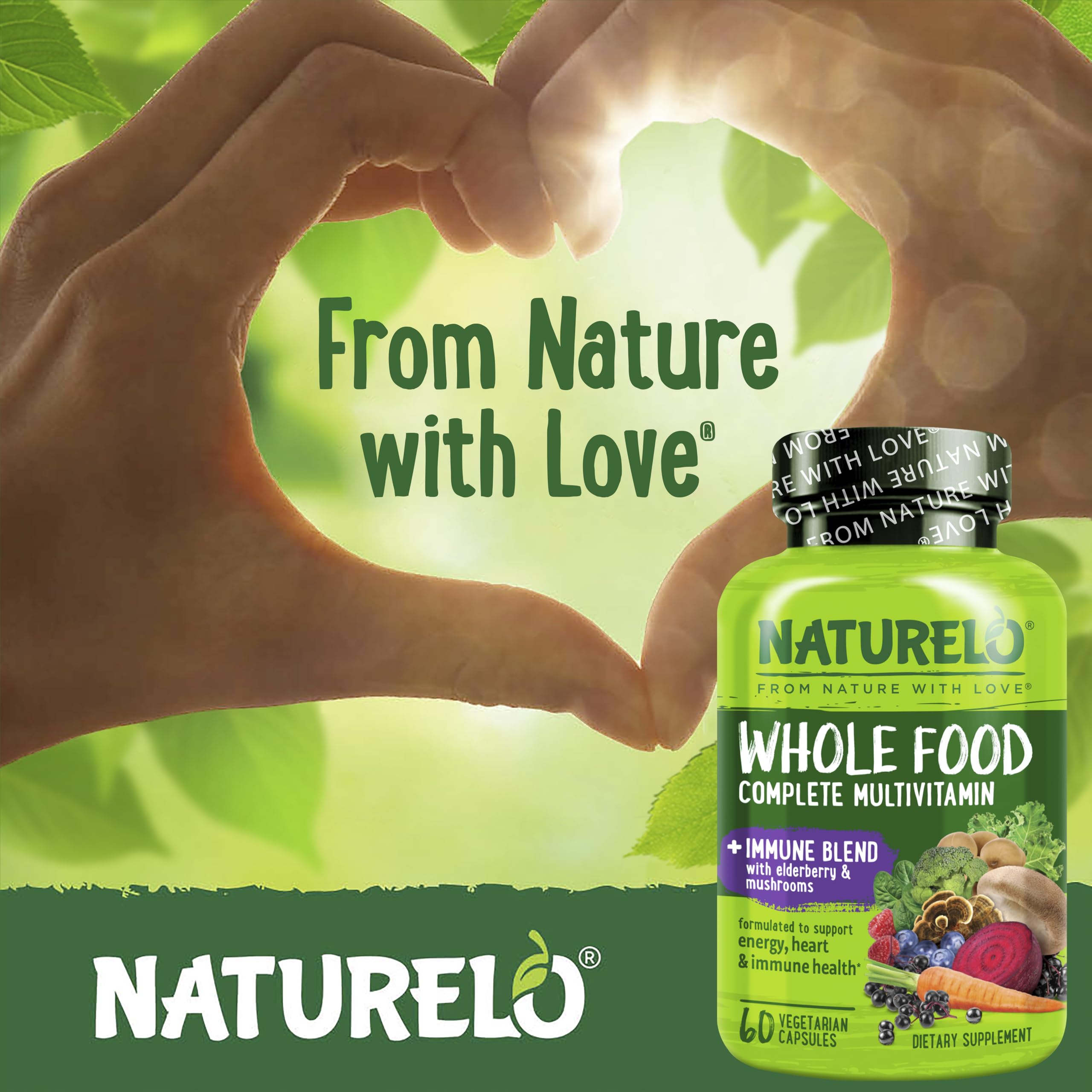 NATURELO Whole Food Multivitamin displayed with a measuring spoon