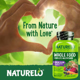 NATURELO Whole Food Multivitamin displayed with a measuring spoon