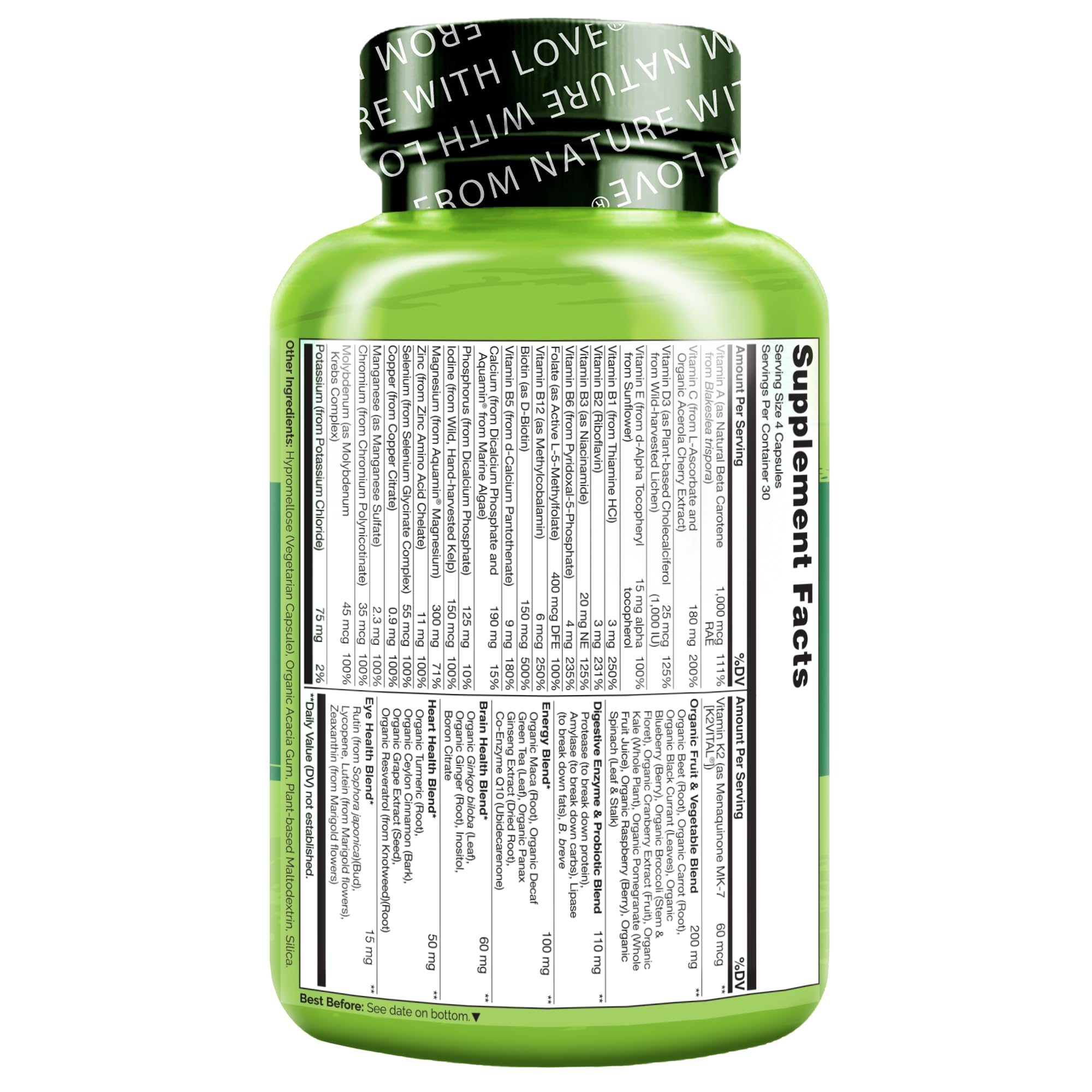 NATURELO Whole Food Multivitamin for Men 150g open bottle with capsules