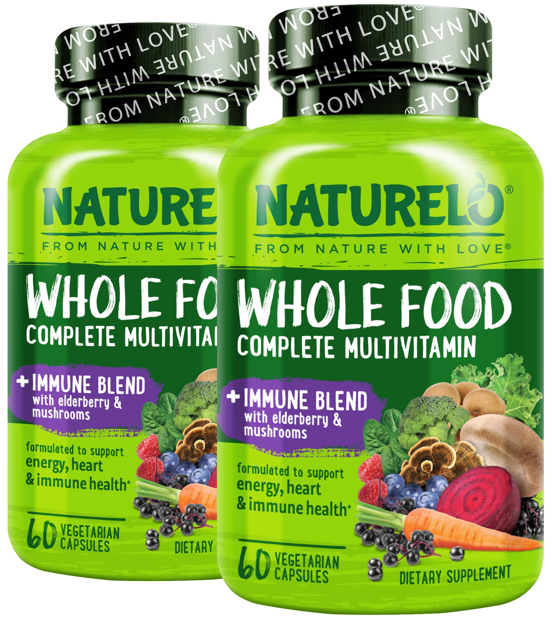 NATURELO Whole Food Multivitamin front view with capsule bottle