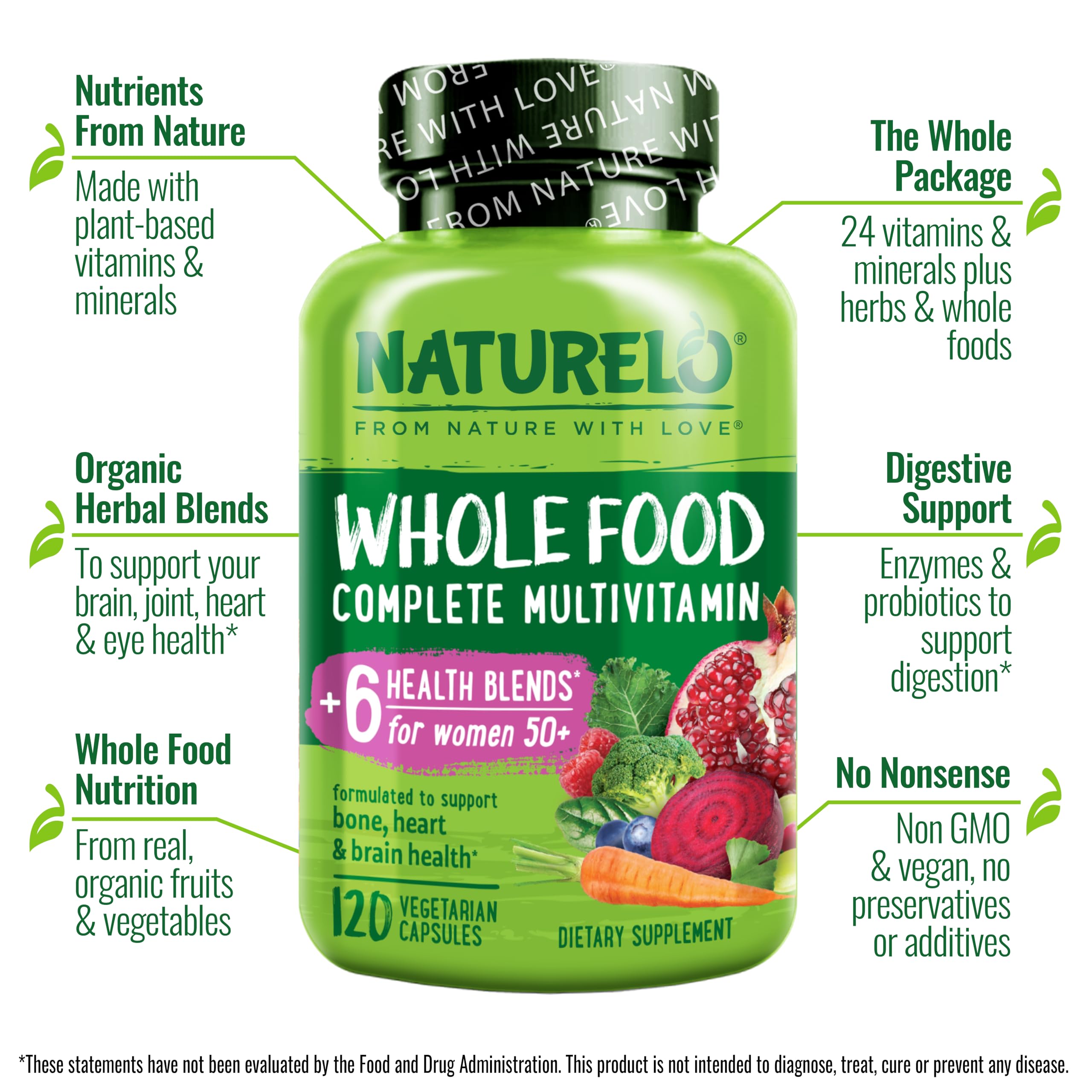NATURELO Whole Food Multivitamins for Women 50+ side view