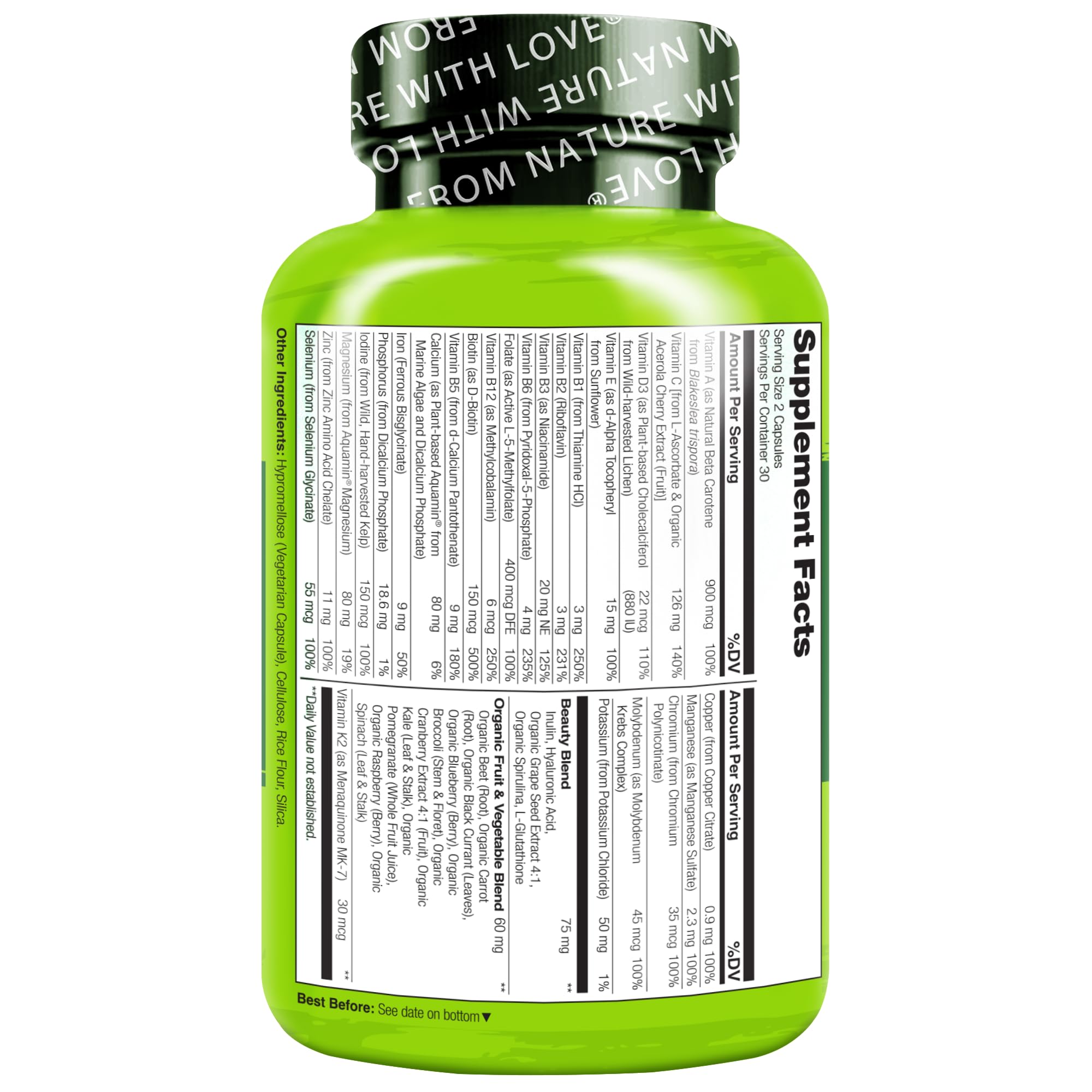 NATURELO Whole Food Multivitamins for Women with a glass of water