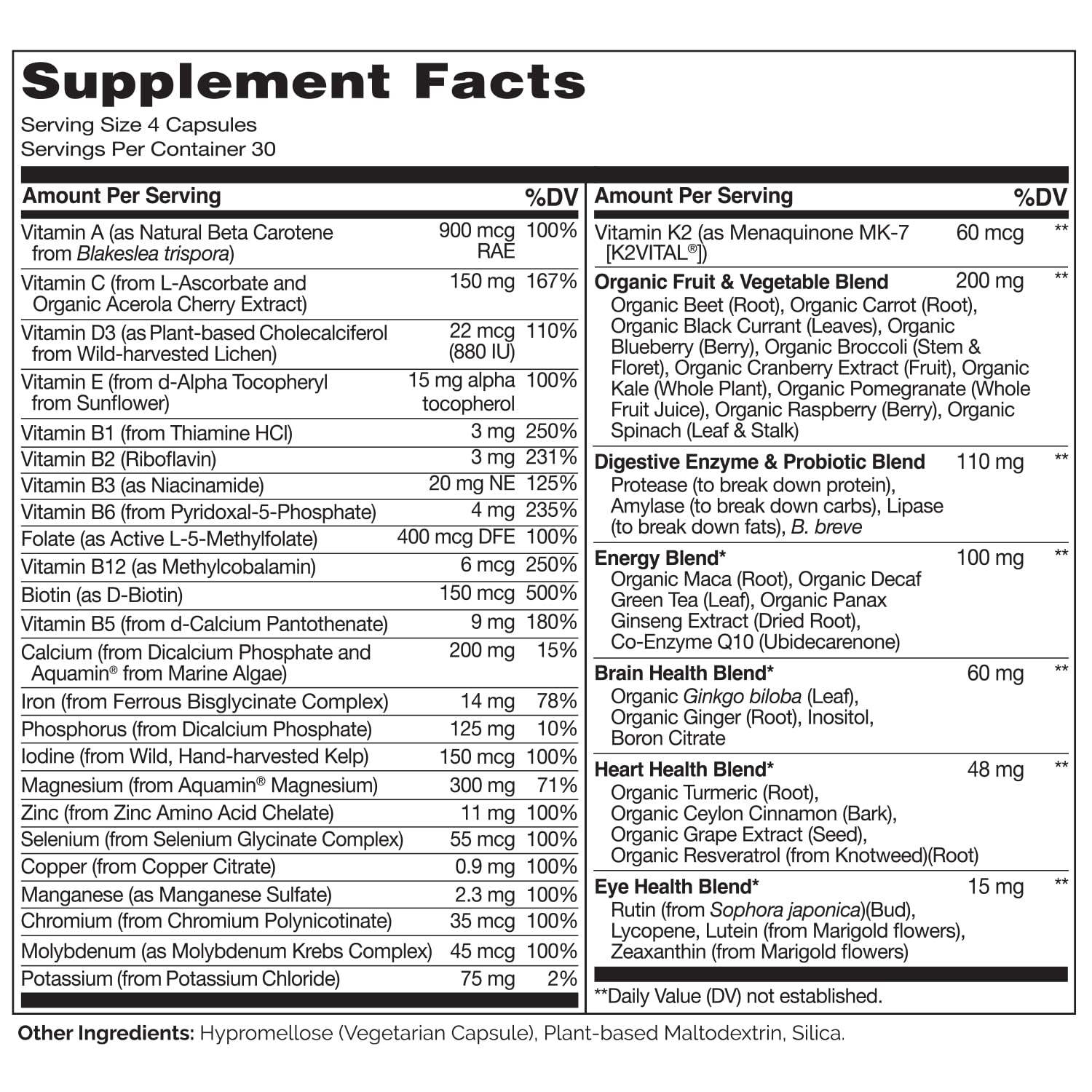 NATURELO Whole Food Multivitamins ingredients list