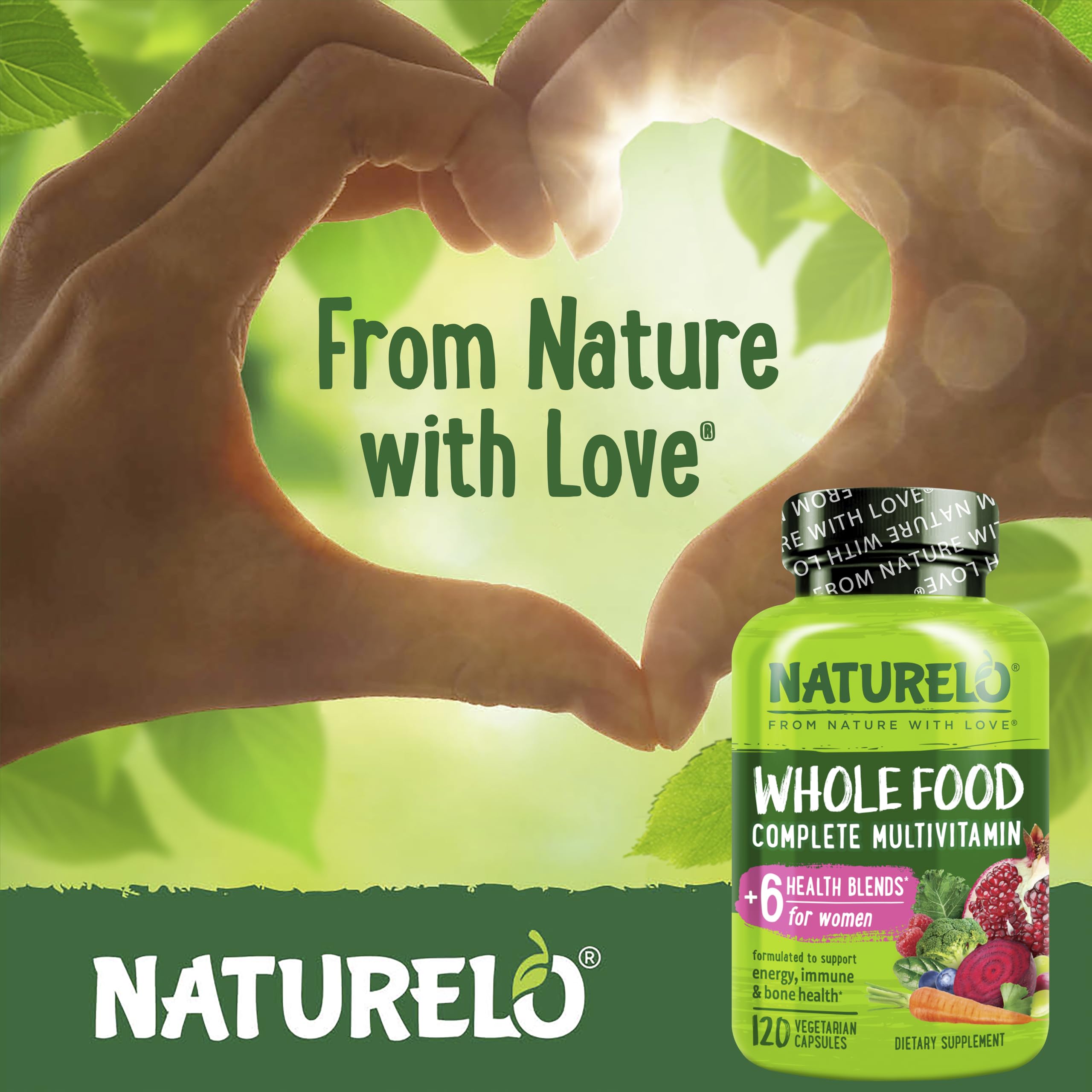 NATURELO Whole Food Multivitamins on wooden table