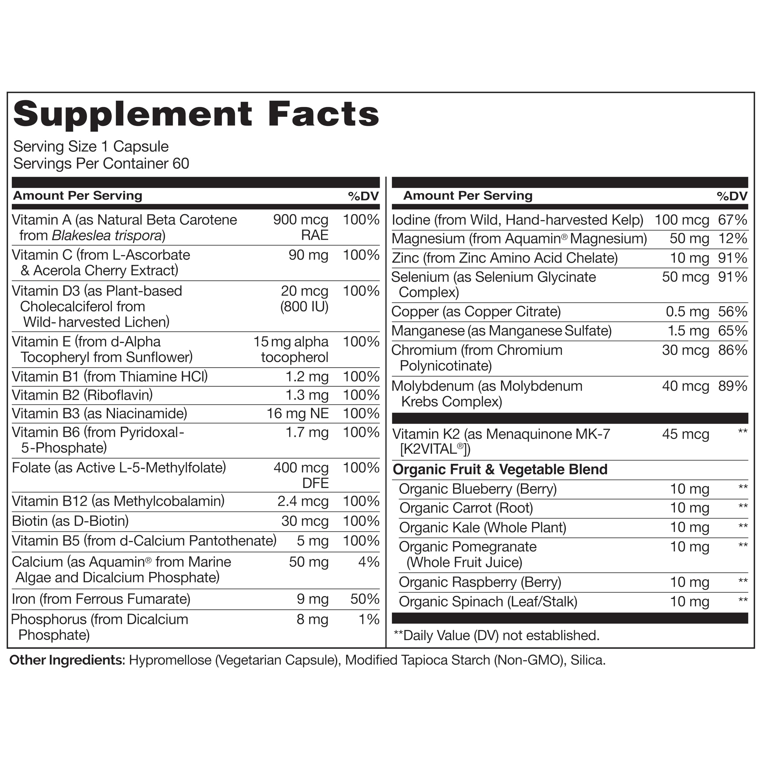 NATURELO Women's Multivitamin back view with ingredient list