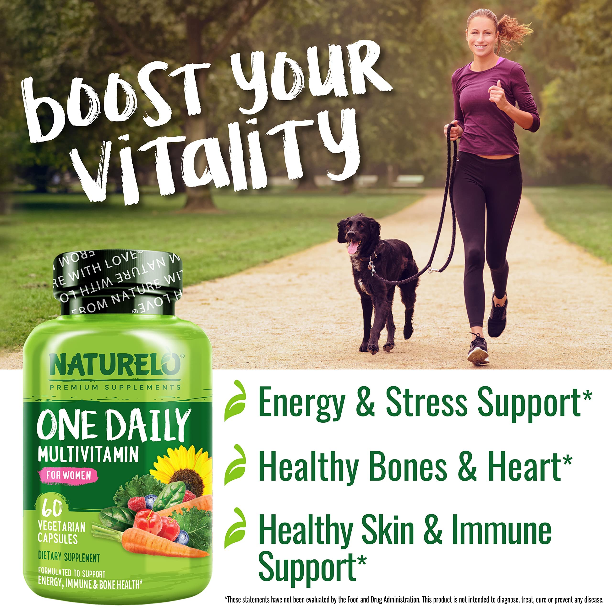 NATURELO Women's Multivitamin capsules on a wooden surface