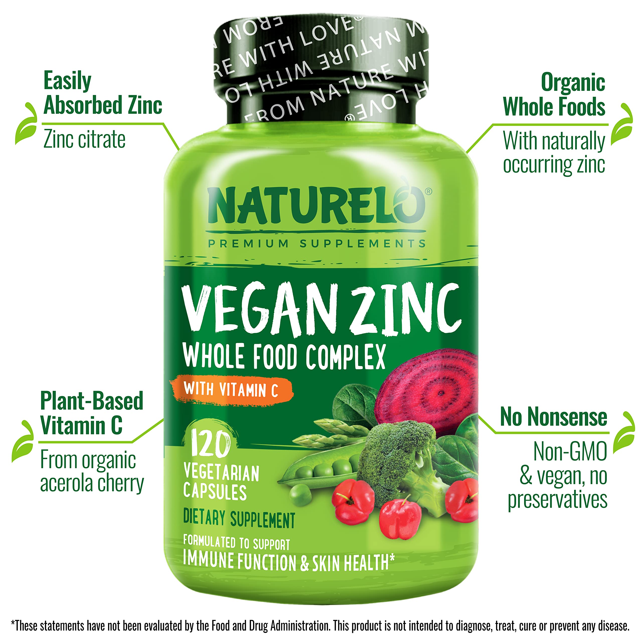 NATURELO Zinc Whole Food Complex 35mg back view with ingredients