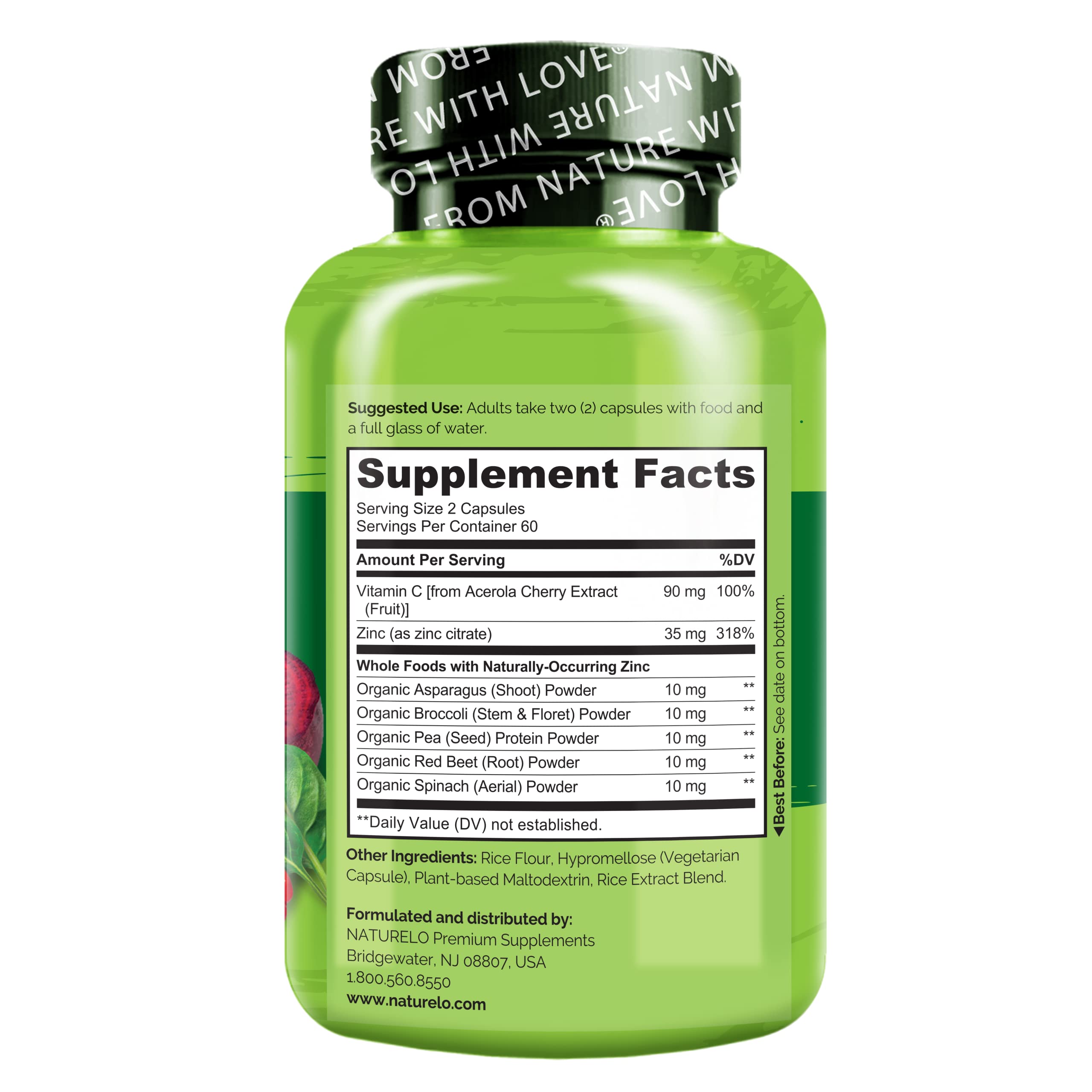 NATURELO Zinc Whole Food Complex 35mg with a glass of water