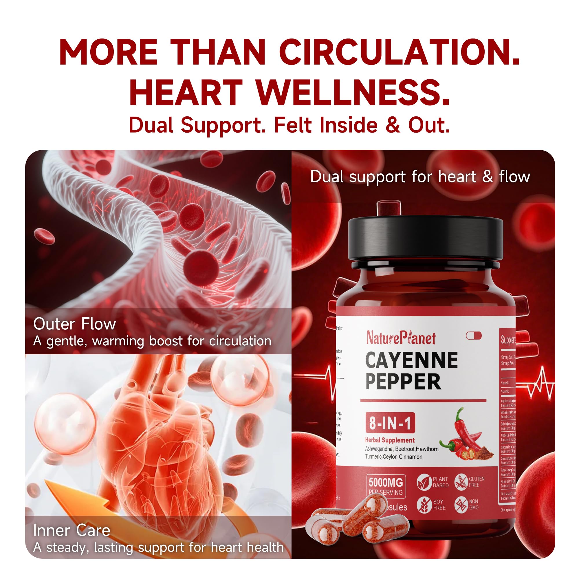 NaturePlanet Organic Cayenne Pepper Capsules on a wooden table
