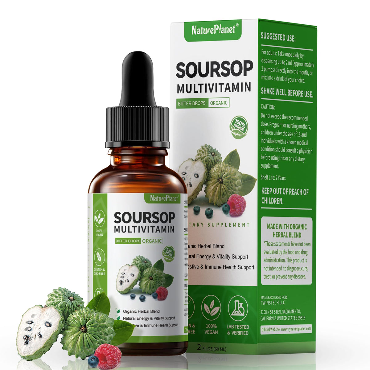 NaturePlanet Soursop Liquid Drops front view with dropper