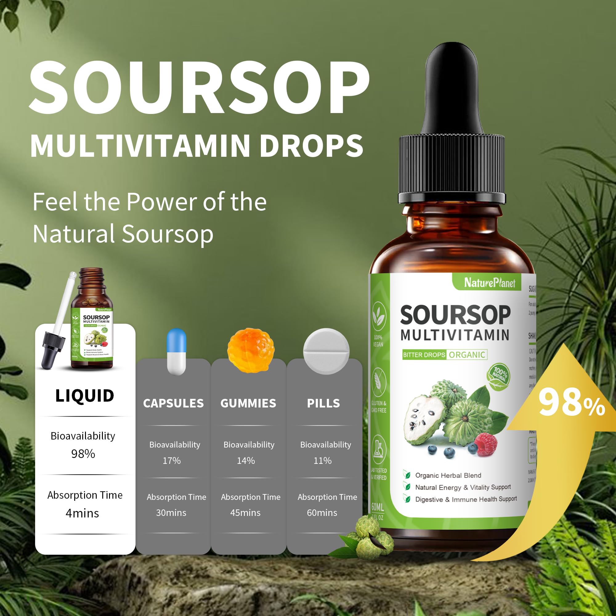 NaturePlanet Soursop Liquid Drops on a wooden table