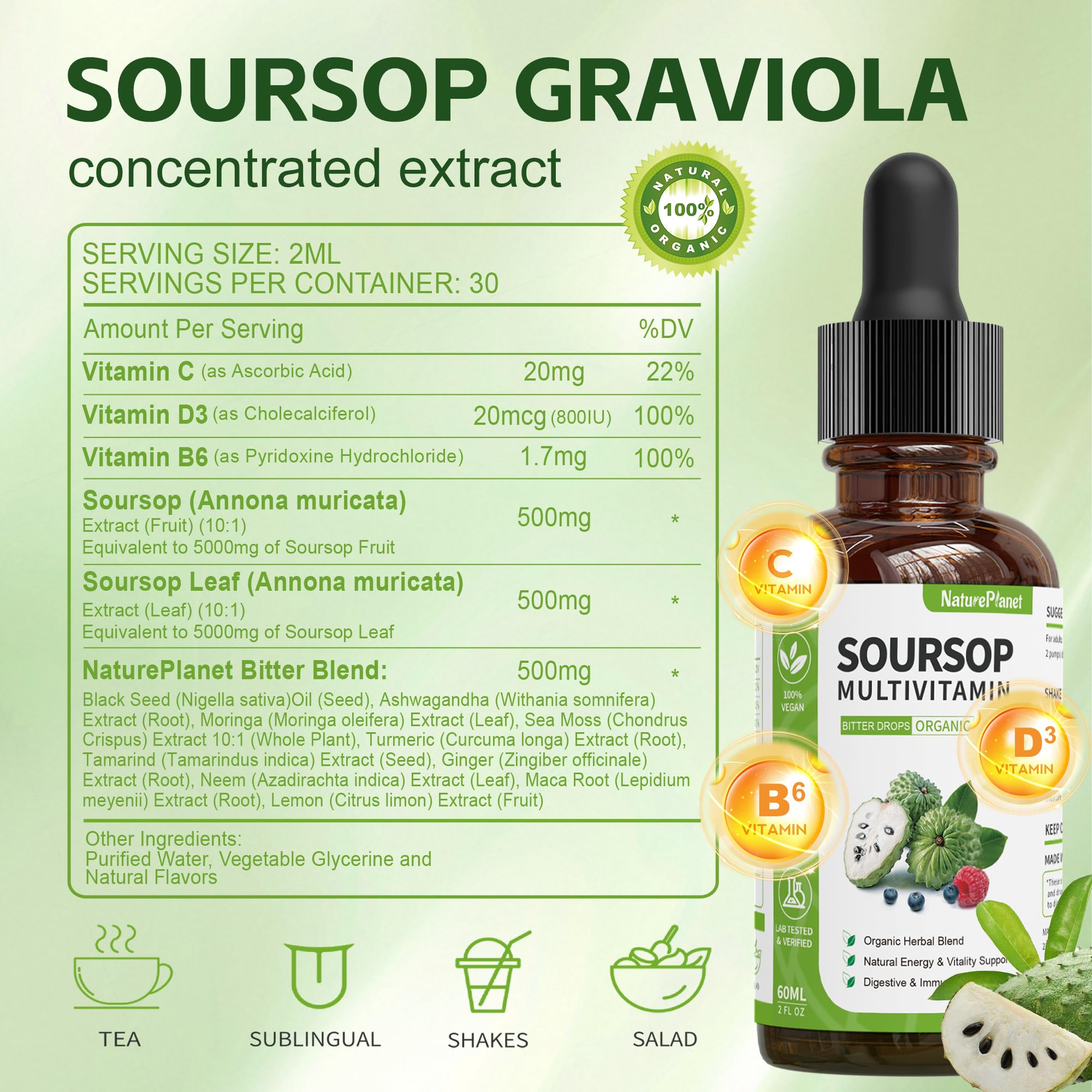NaturePlanet Soursop Liquid Drops on wooden table