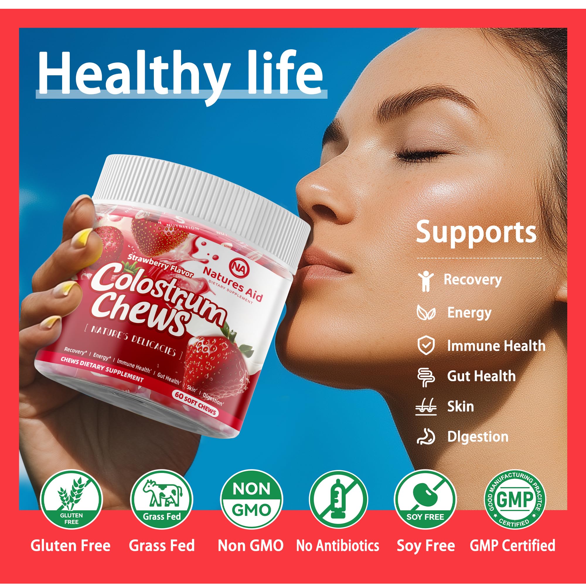 Natures Aid Colostrum Chews close-up of strawberry flavour
