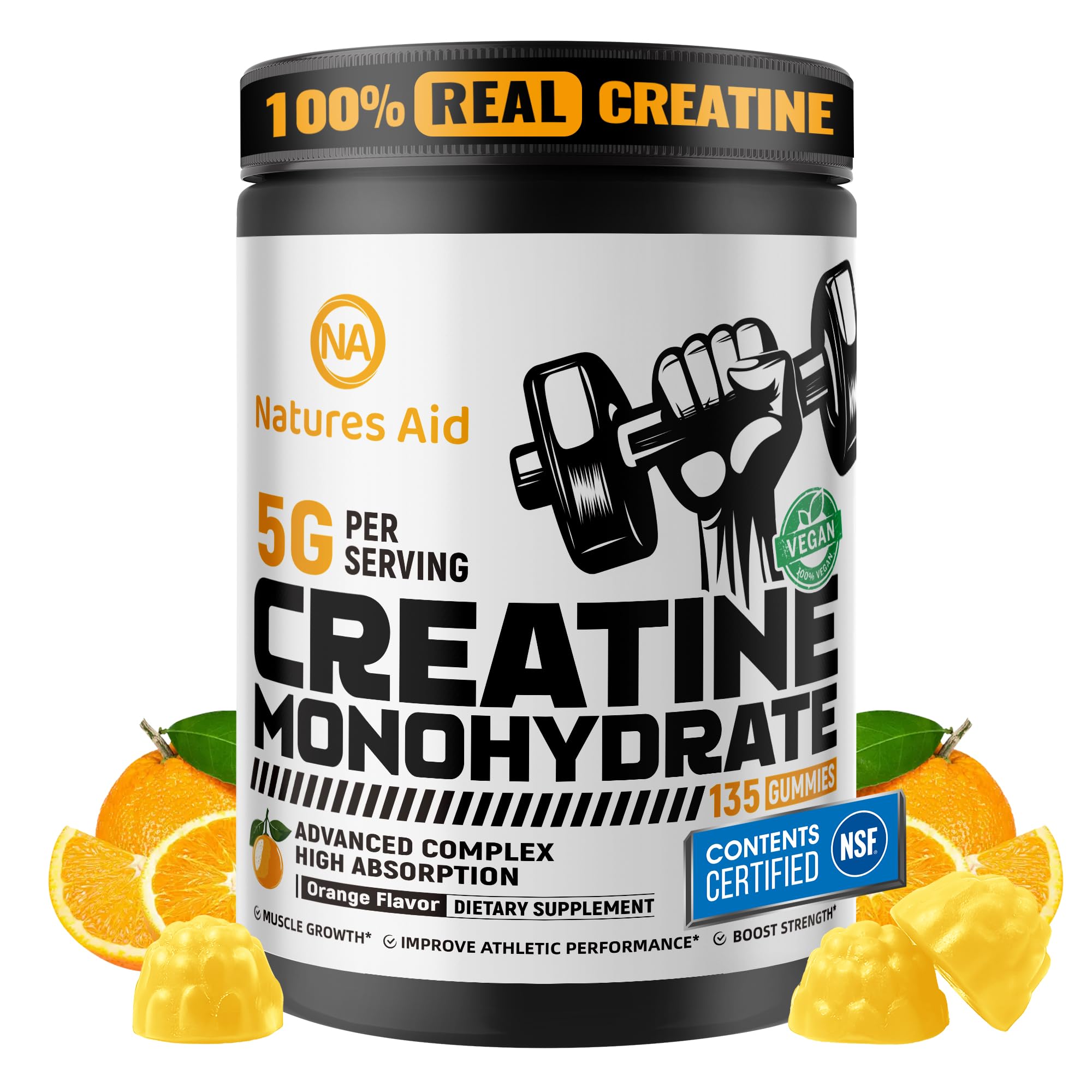 Natures Aid Creatine Monohydrate Gummies 135 count bottle front view