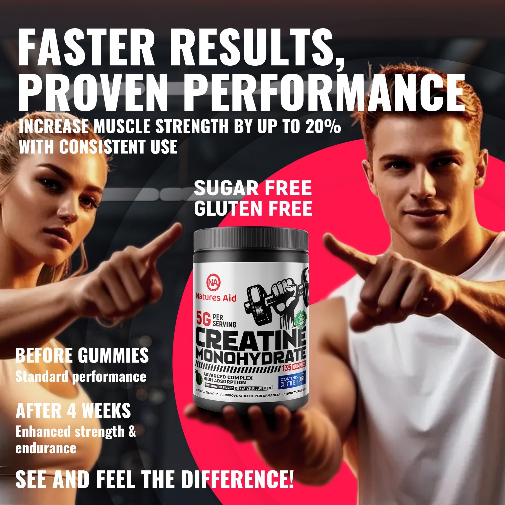 Natures Aid Creatine Monohydrate Gummies bottle with a gym background