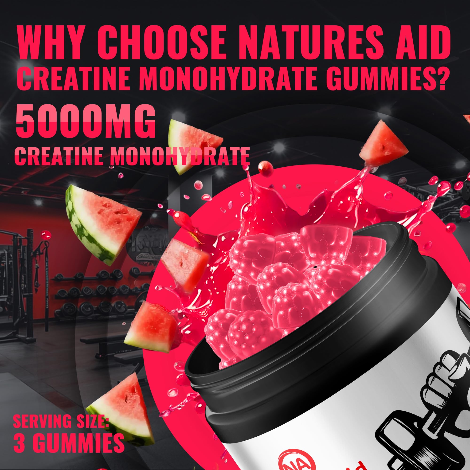 Natures Aid Creatine Monohydrate Gummies bottle with a measuring spoon