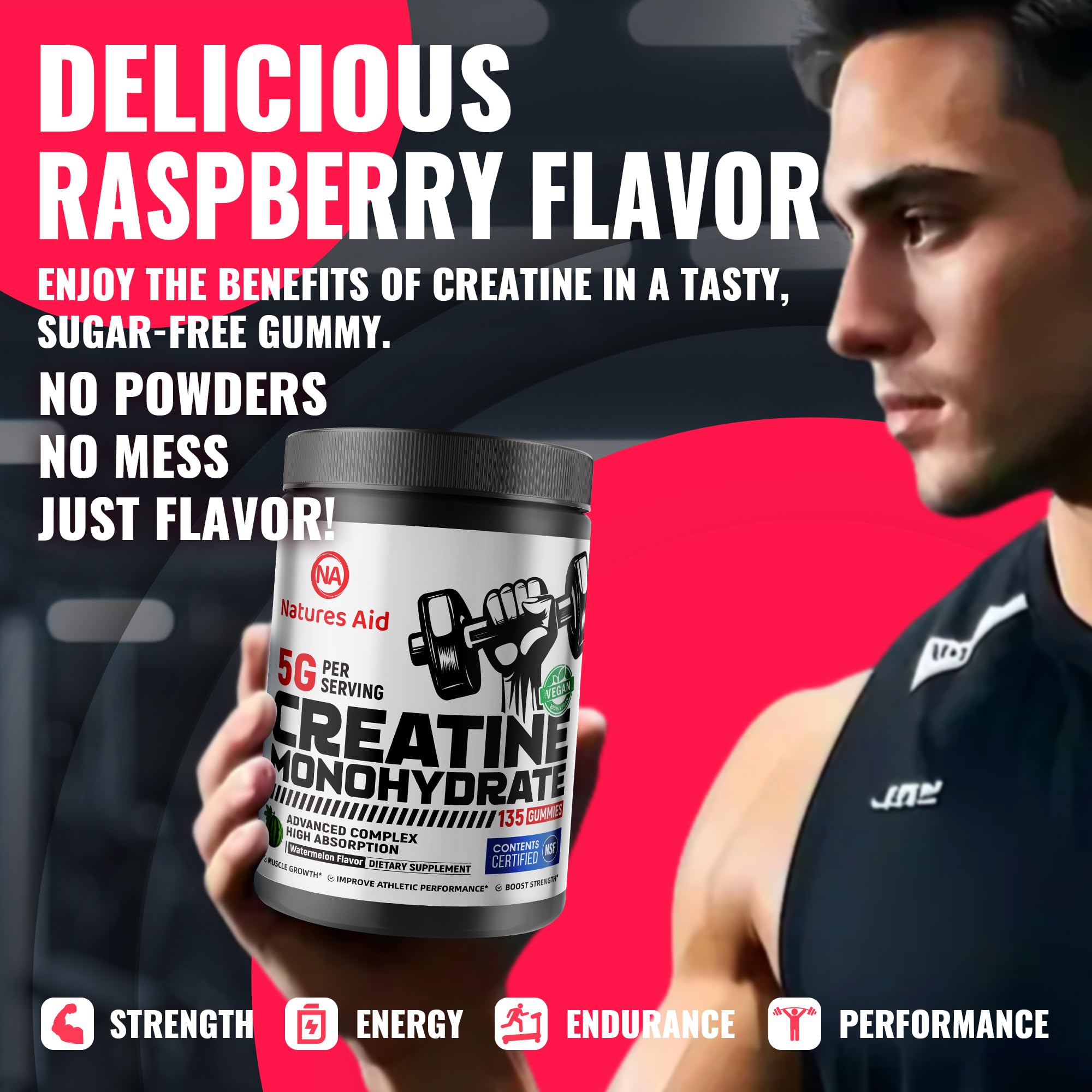Natures Aid Creatine Monohydrate Gummies displayed on a wooden table