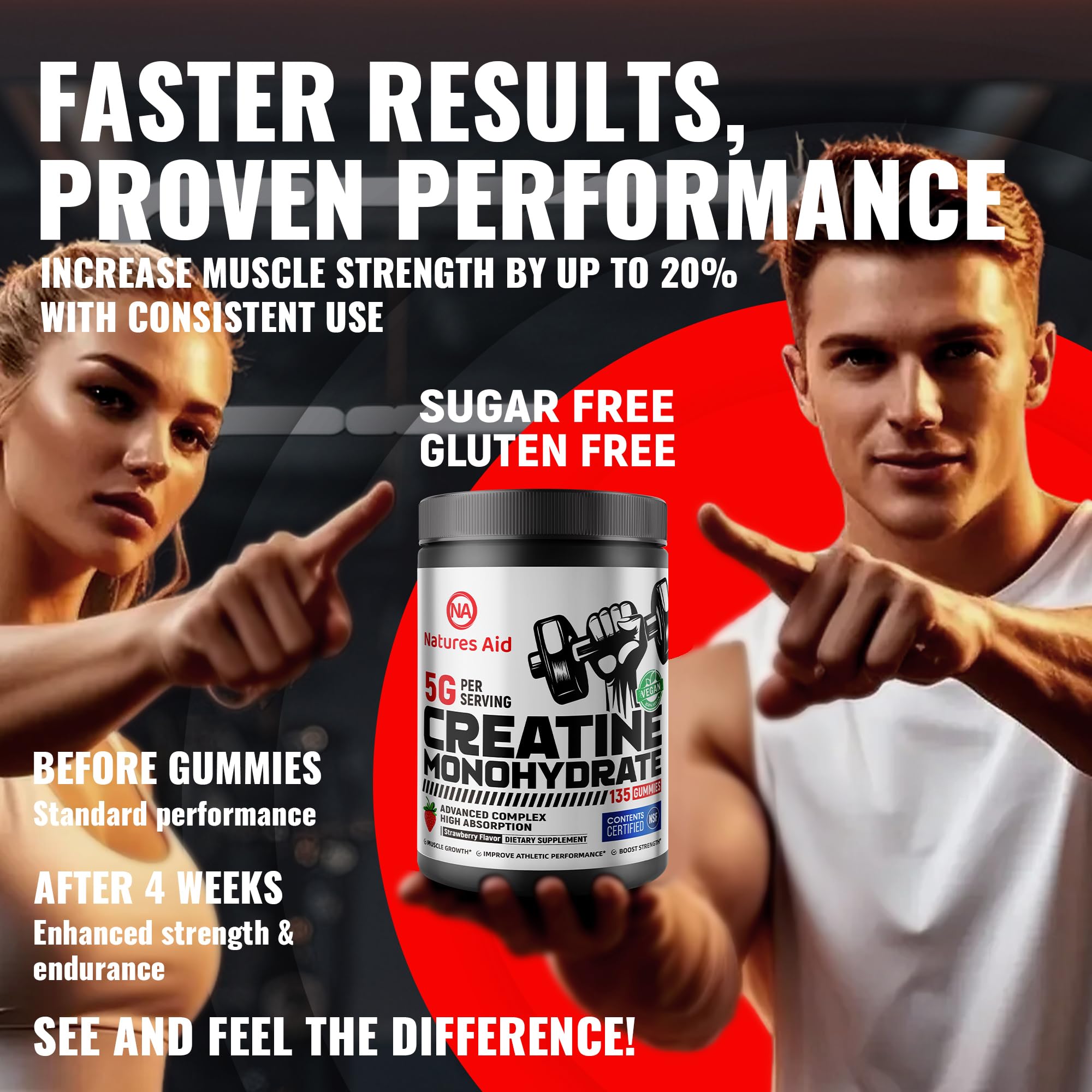 Natures Aid Creatine Monohydrate Gummies displayed with fitness accessories