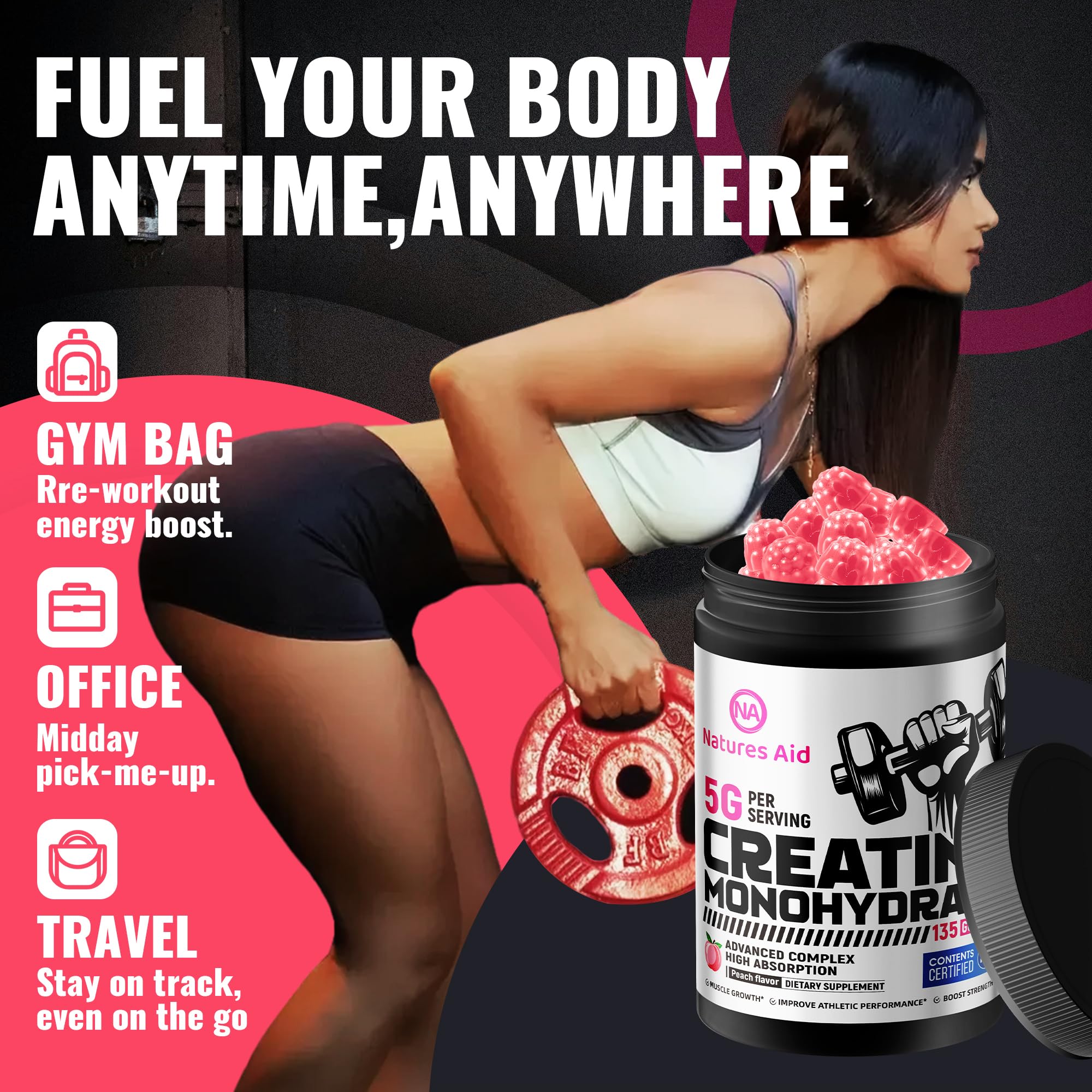 Natures Aid Creatine Monohydrate Gummies displayed with fitness gear