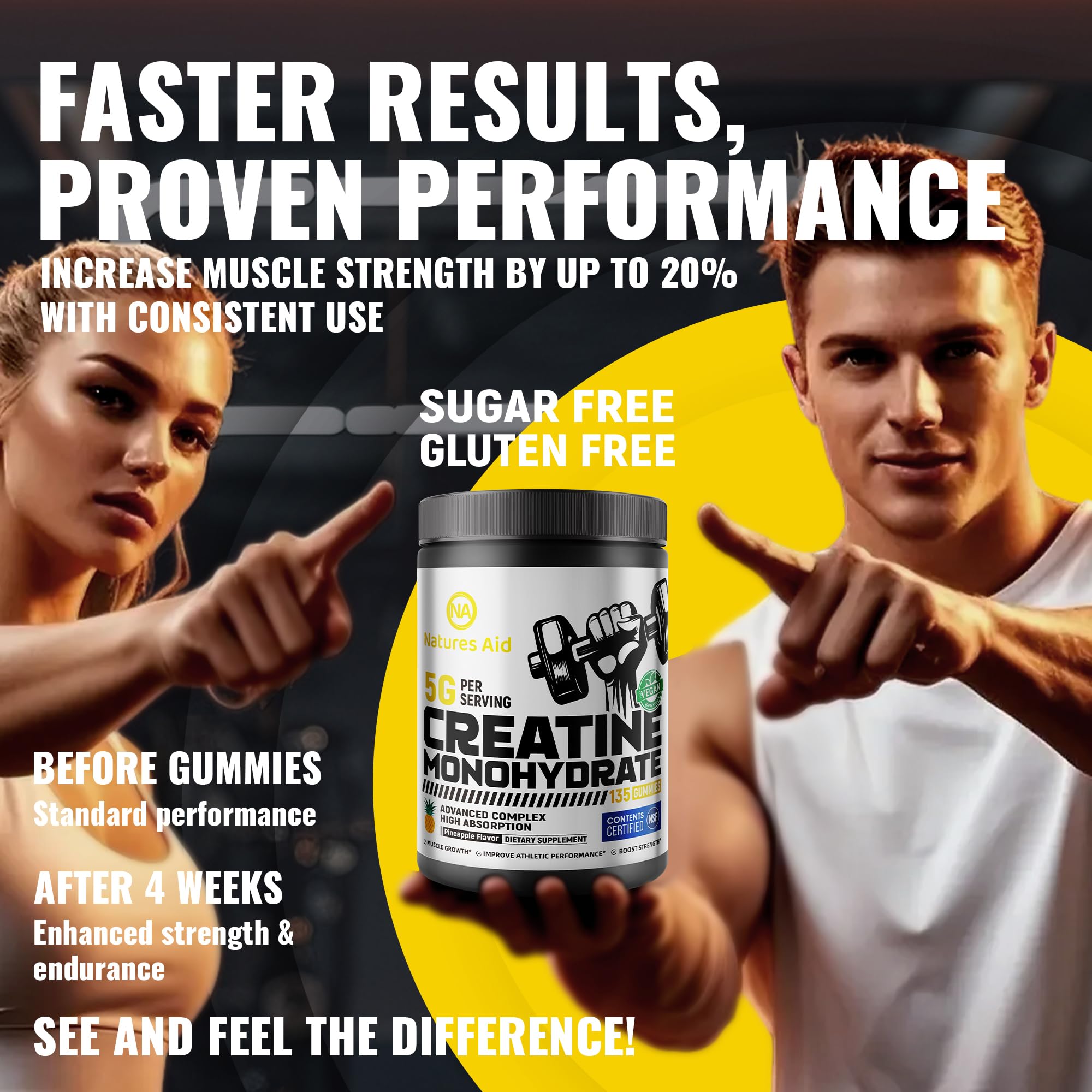 Natures Aid Creatine Monohydrate Gummies displayed with fitness gear
